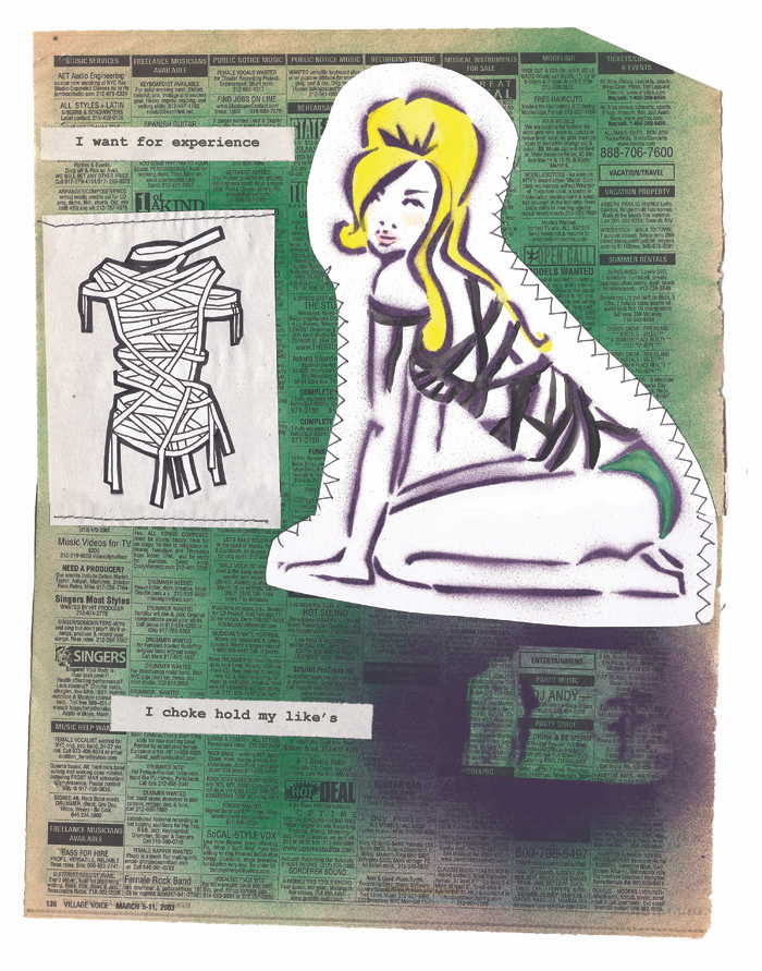 I Want for Experience — Mixed media fashion illustration with stenciled figure in wrapped garment and ink flat sketch on newsprint collage