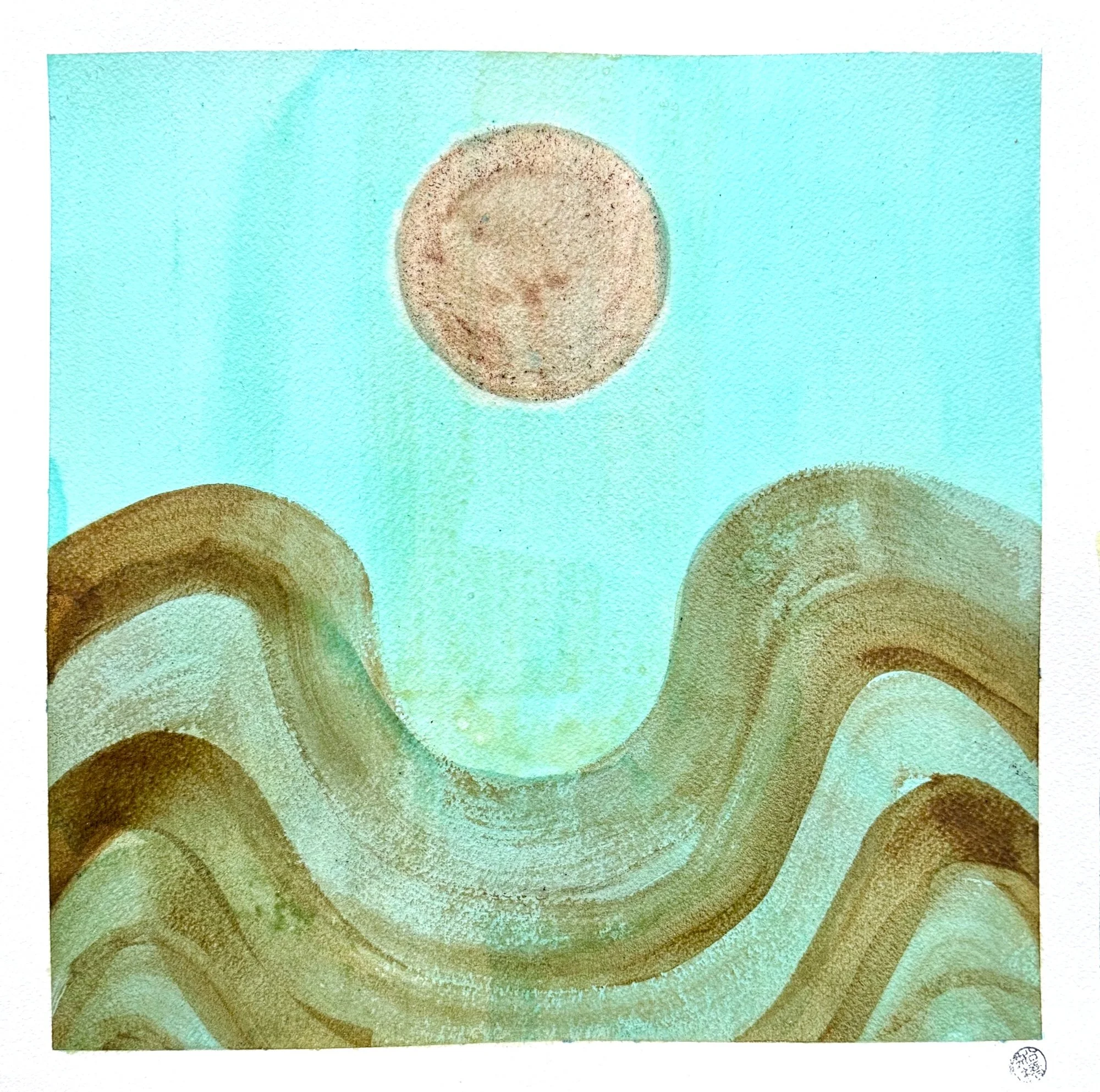 Original artisanal ink painting of rolling double waves in acorn and black walnut ink beneath a warm moon on a teal ground.