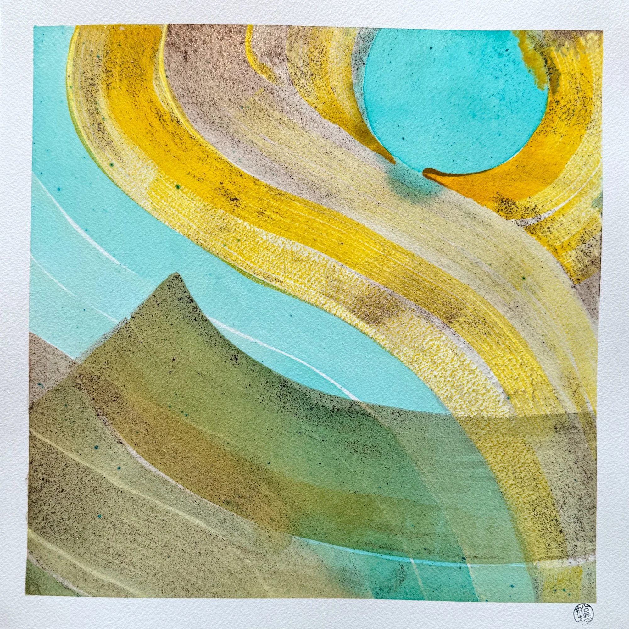 Original artisanal ink painting of a sweeping turmeric arc with a teal moon over layered sage mountains. Multi-ink, kinetic composition.