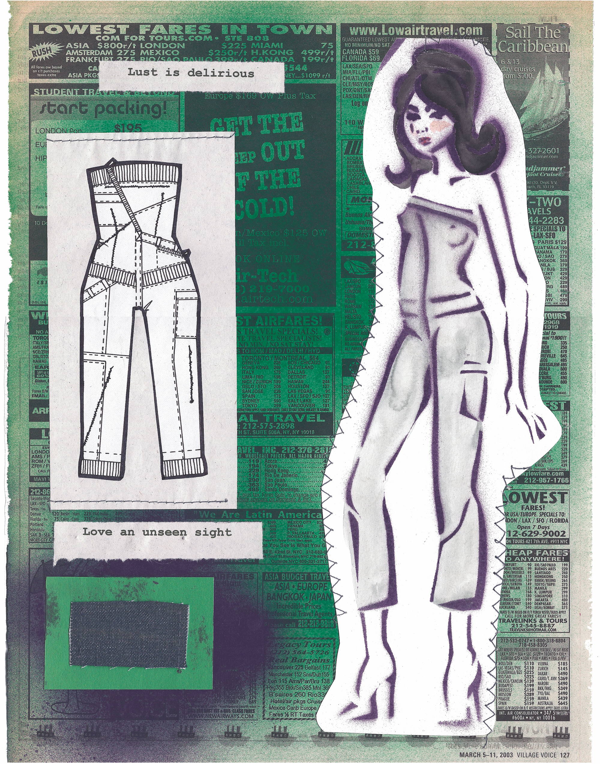 Lust is Delirious — Stenciled nude fashion figure with technical trouser flat sketch and typewritten phrase on travel newsprint collage