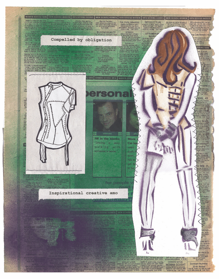 Compelled by Obligation — Mixed media fashion collage featuring stenciled female figure, technical flat sketch, and layered newsprint with typewritten phrase