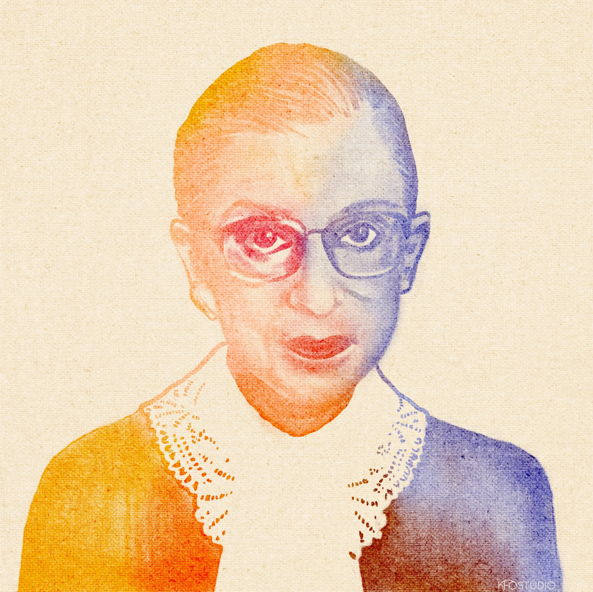 Illustrated portrait of Ruth Bader Ginsburg, RBG