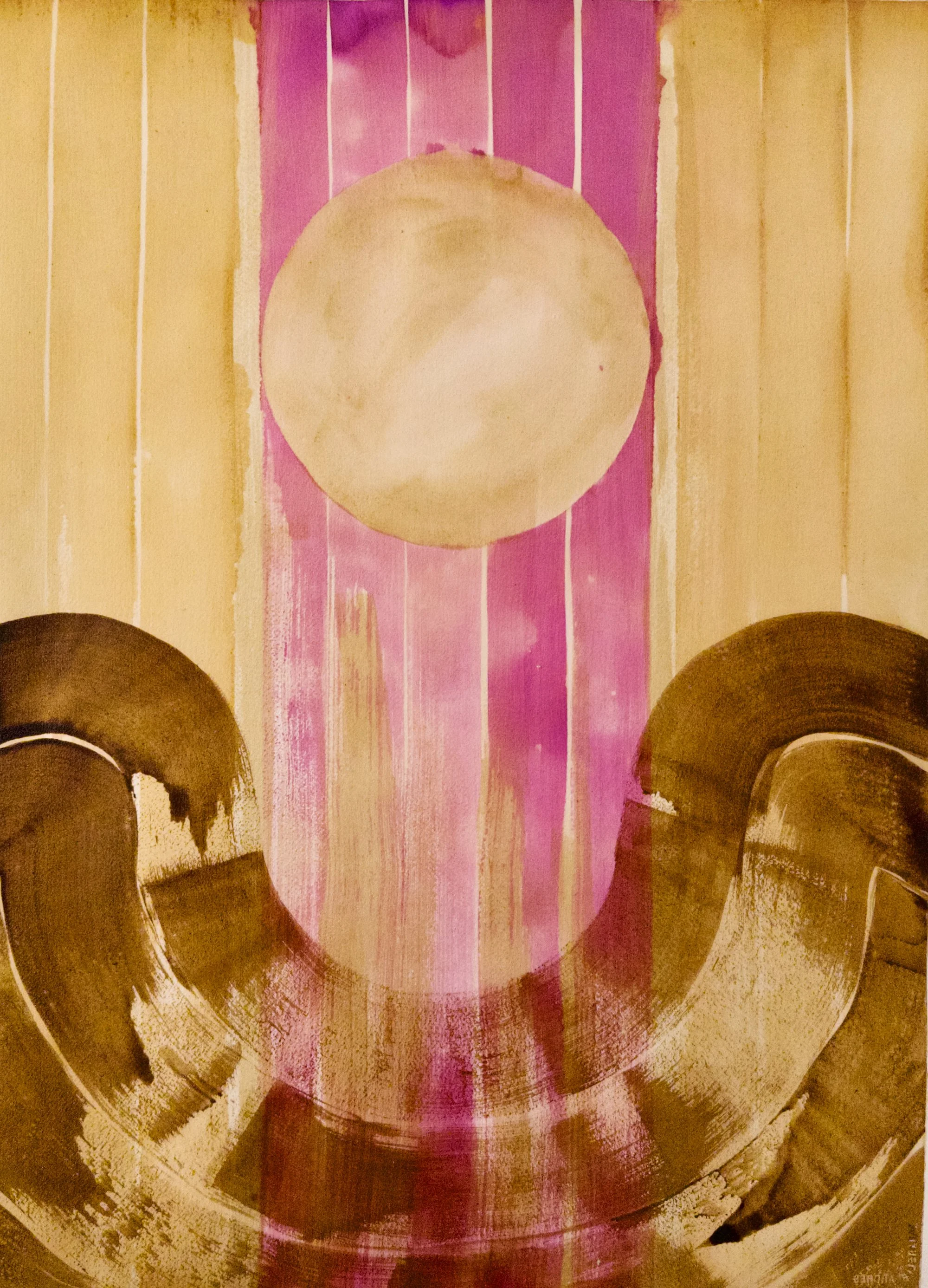 Original artisanal ink painting of a rising sun with pokeberry aura and black walnut ink wave. 22x33 inches