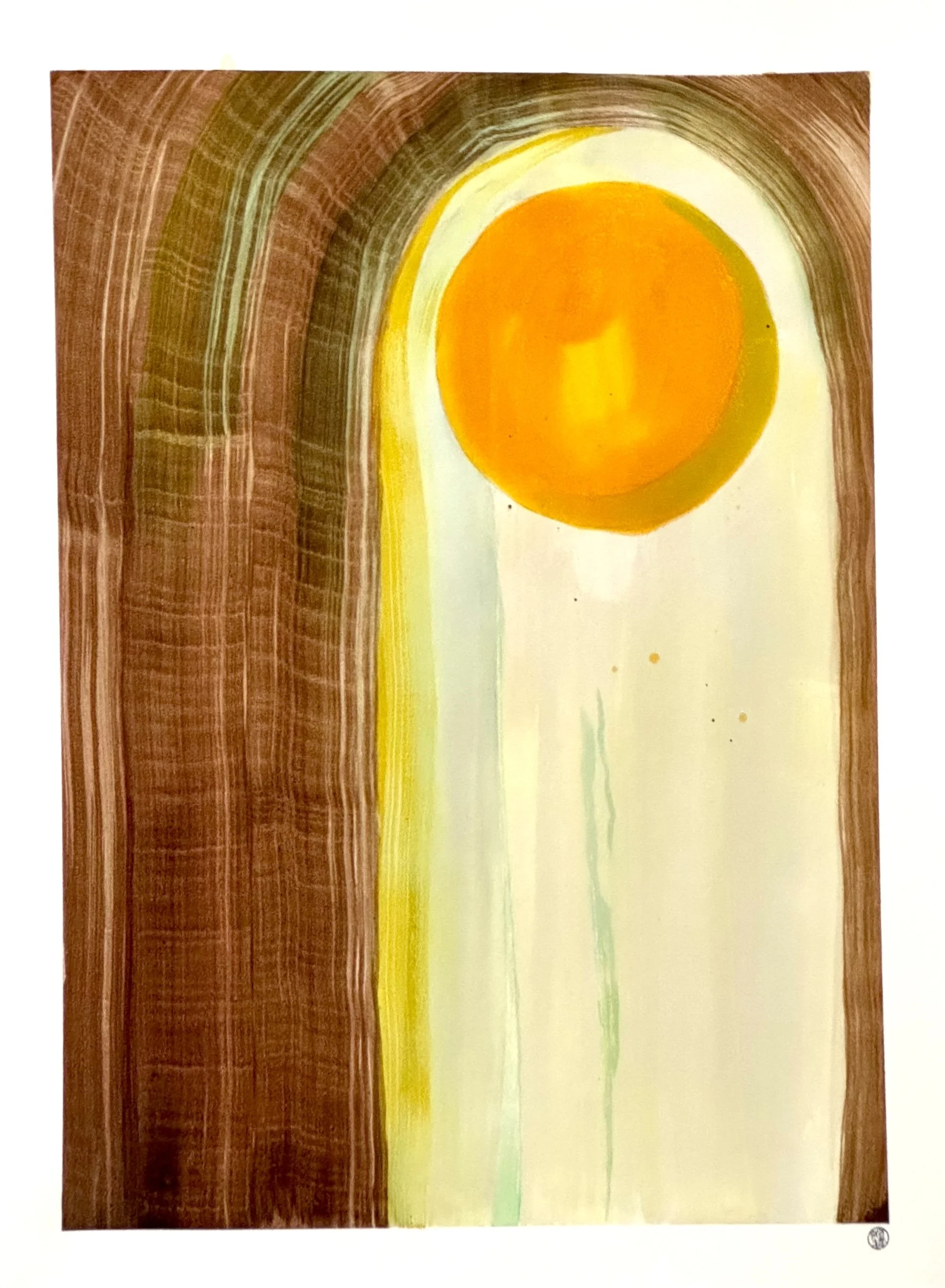 Original artisanal ink painting of a dark archway framing a glowing copper oxide and turmeric sun with a cascading light column.