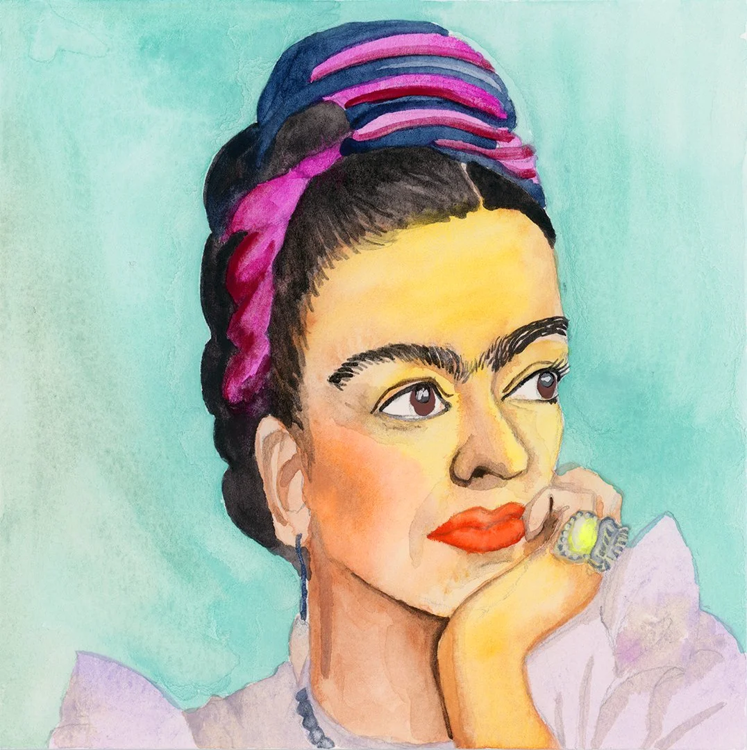 Watercolor portrait illustration of Frida Kahlo