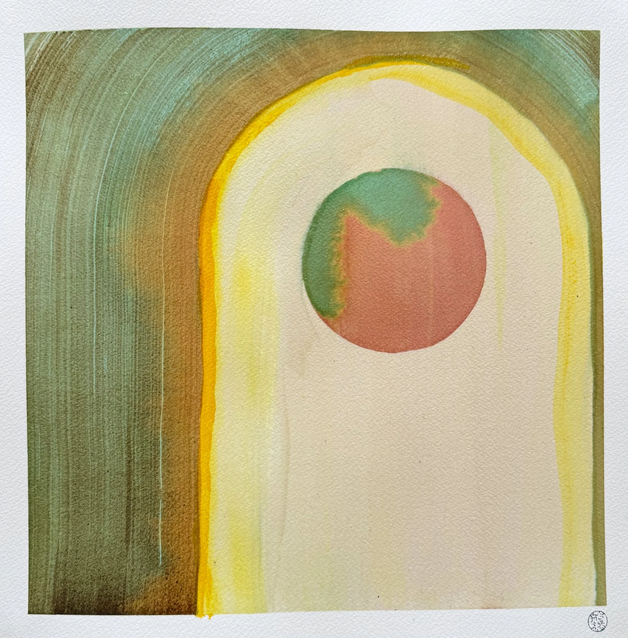 Original artisanal ink painting of a glowing arch in buckthorn and acorn ink with a two-tone pokeberry and teal moon inside.
