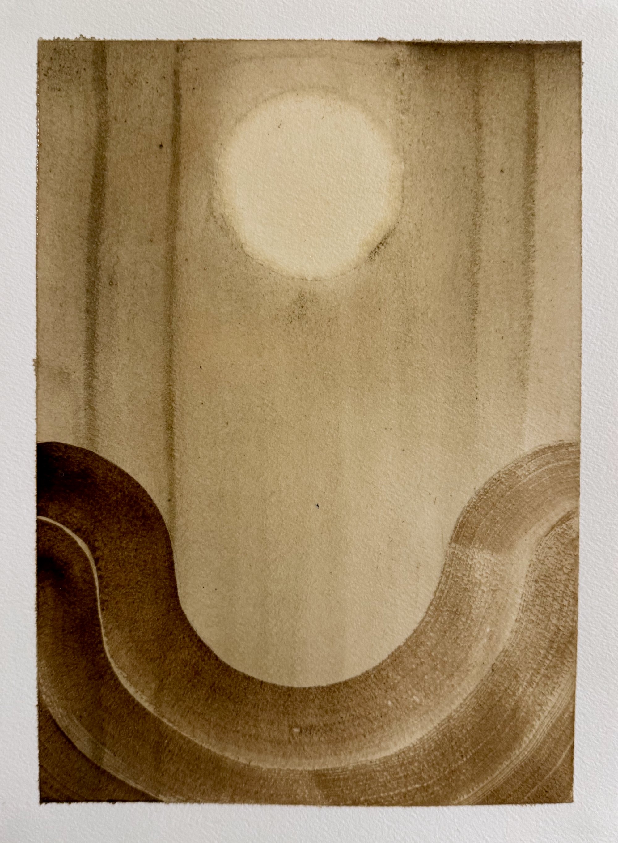 Original artisanal ink painting of a luminous orb within an arch, flanked by waves, in warm acorn ink.