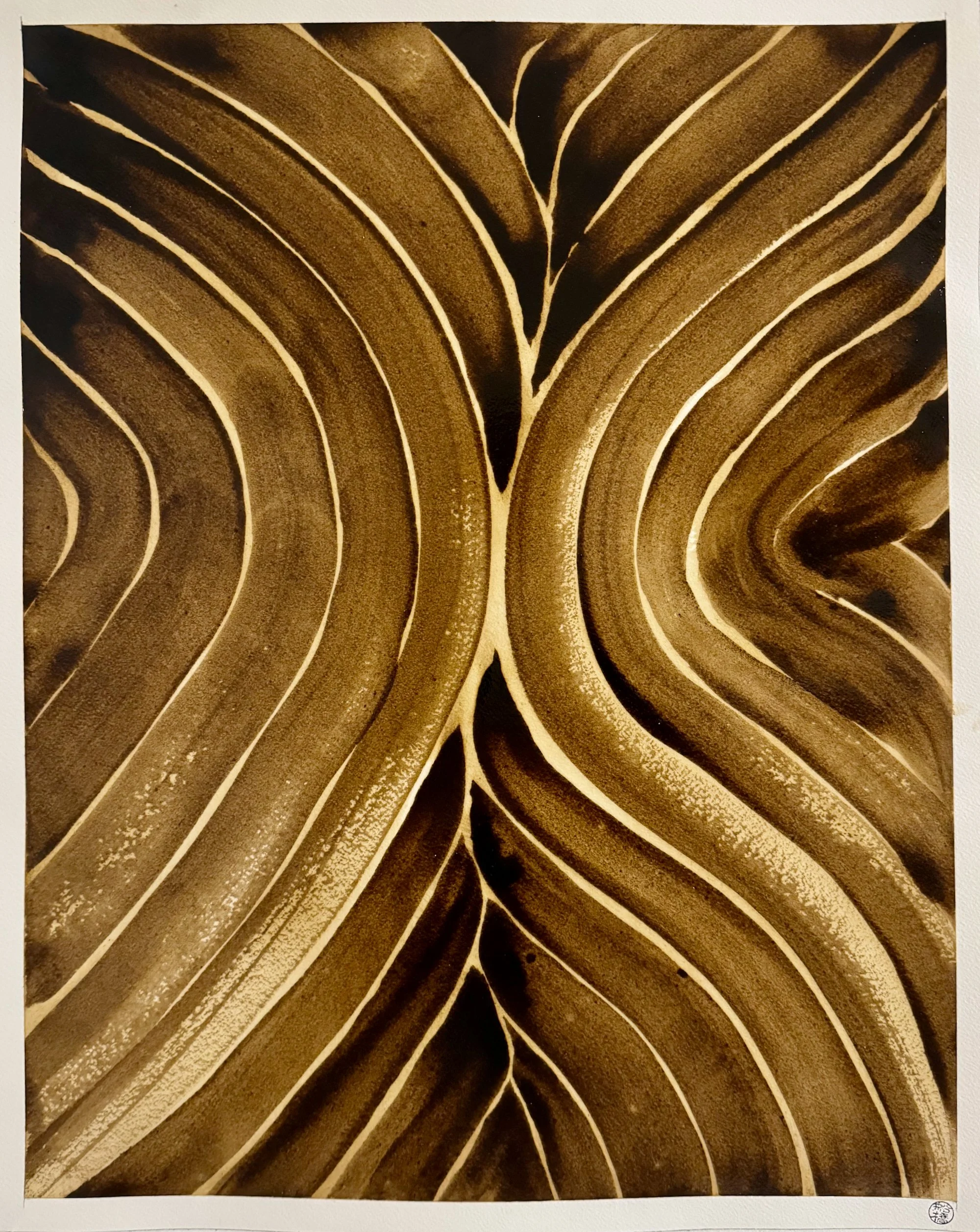 Original abstract artisanal ink painting of symmetrical flowing curves converging at center in black walnut ink. Bold, gestural mark-making.