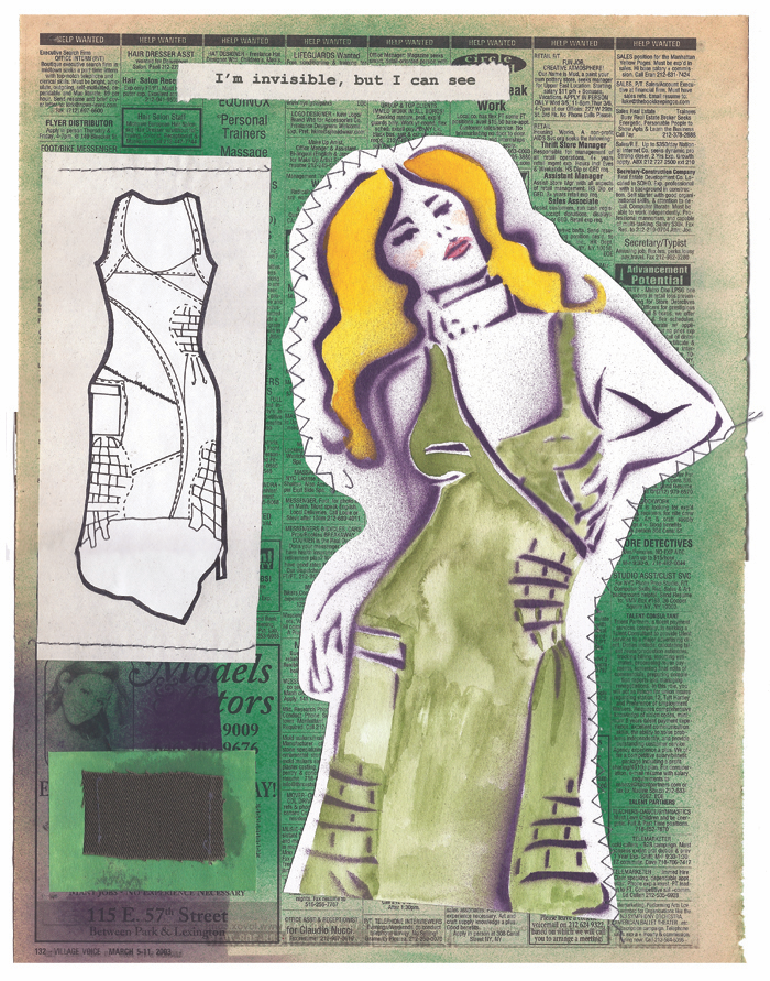 Invisible But I Can See — Hand-painted fashion illustration with blonde figure in green dress, ink flat sketch, and typewritten text on newsprint collage
