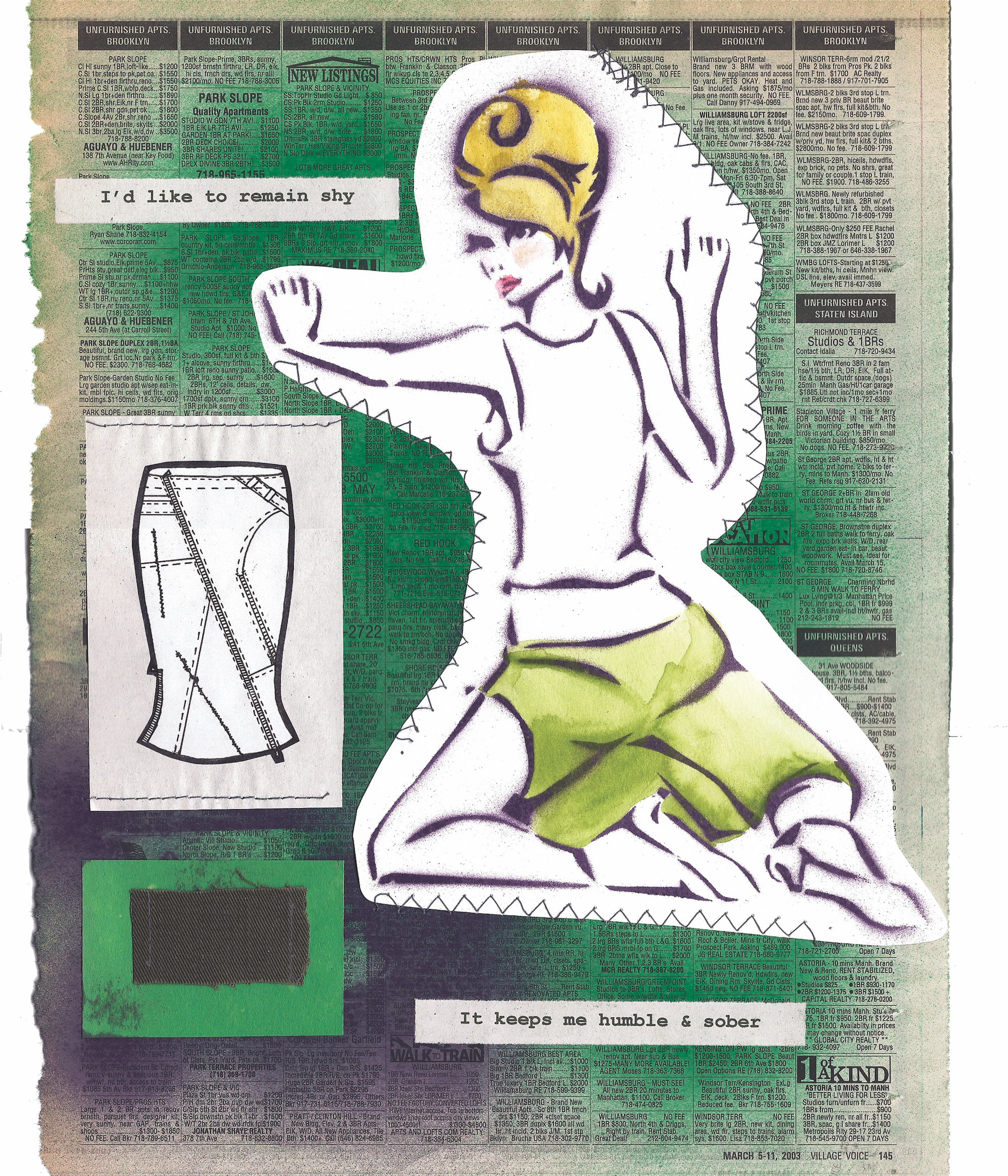 I'd Like to Remain Shy — Mixed media fashion illustration with kneeling figure, yellow hair, green shorts, and ink flat sketch on newsprint collage