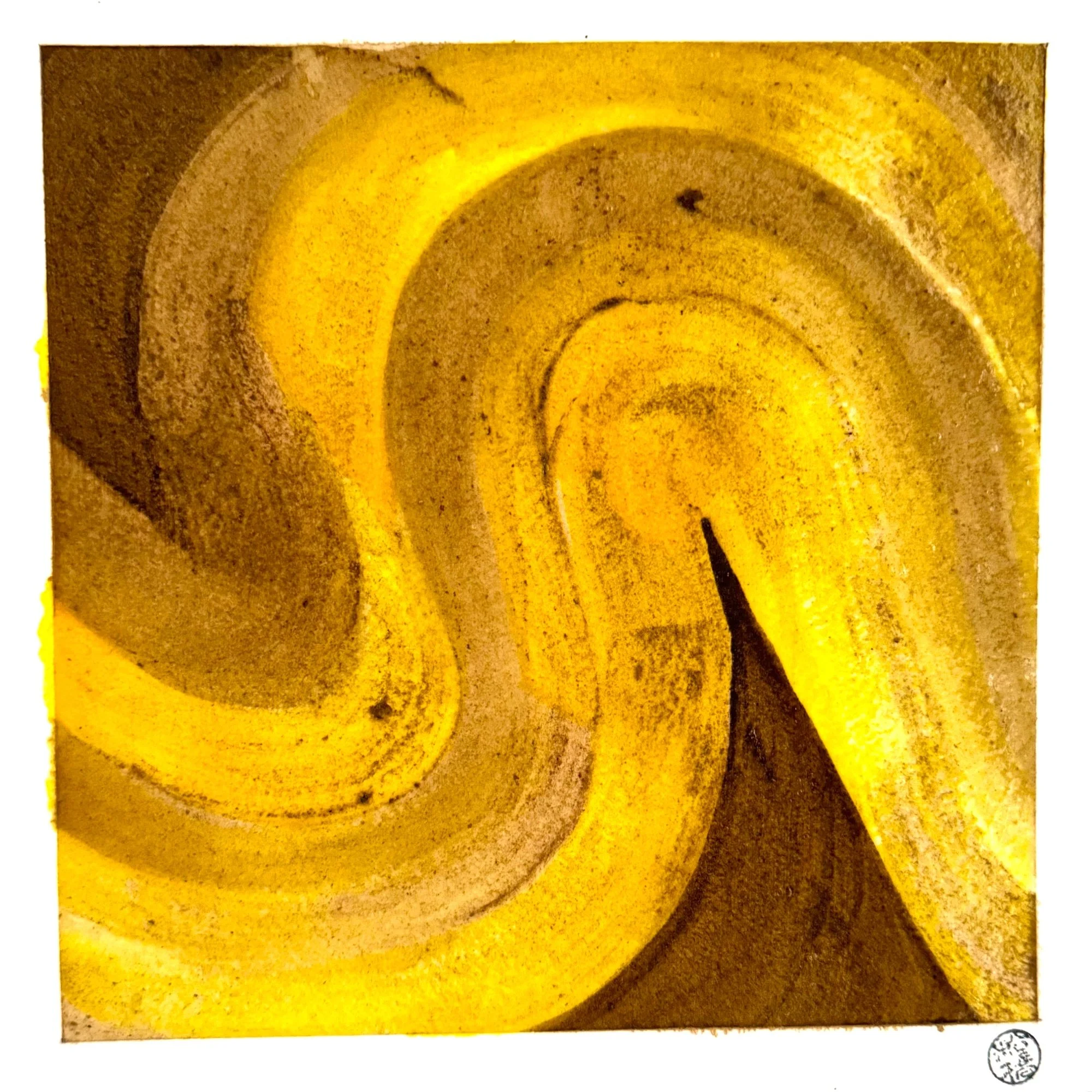 Original abstract artisanal ink painting of a close-up S-curve in turmeric and acorn ink. Golden, luminous, square format.