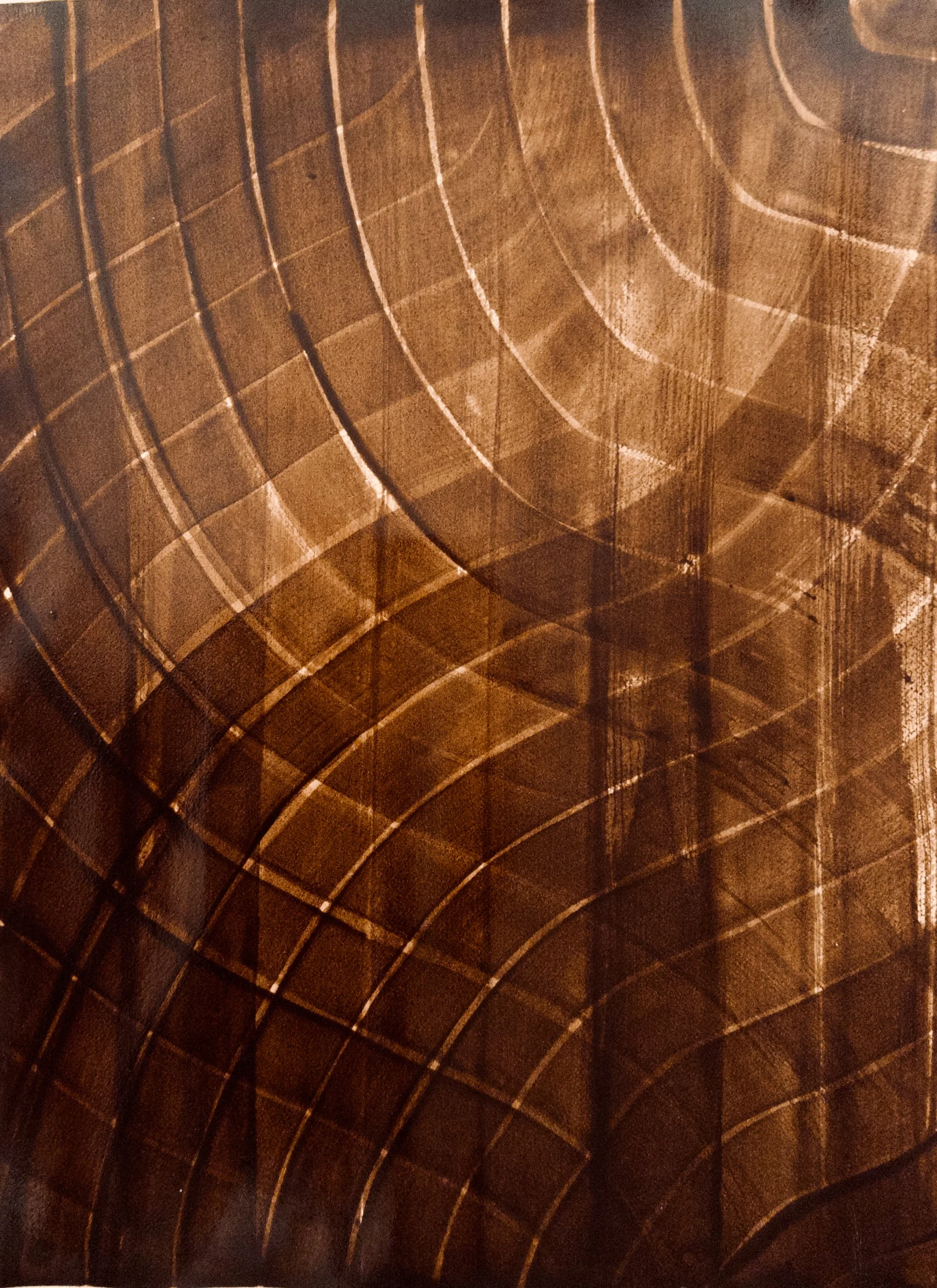 Original abstract artisanal ink painting of overlapping grid lines and concentric arcs in deep black walnut ink. Layered, textural, and complex.