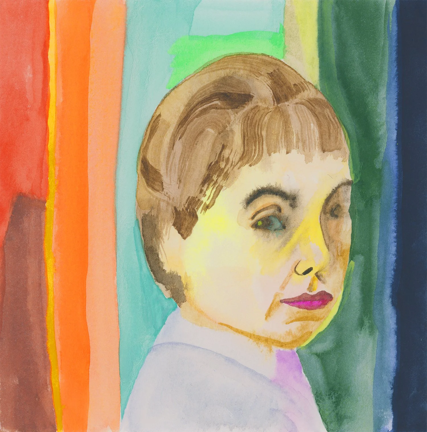 Illustrated portrait of artist Jane Frank, watercolor