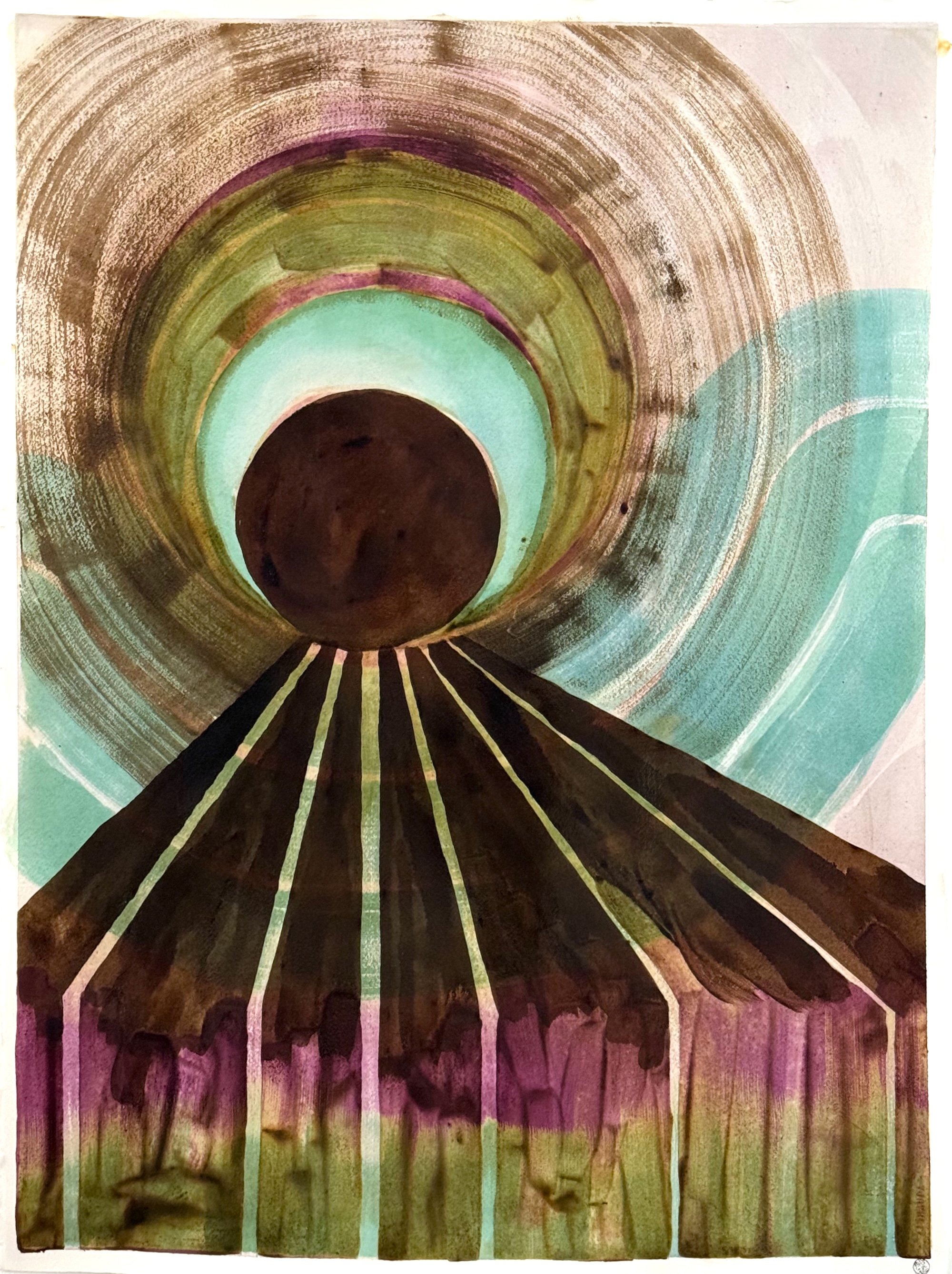 Original abstract artisanal ink painting of an eclipse form in black walnut, teal, and copper oxide ink over a dark mountain base. Multi-ink, dramatic.