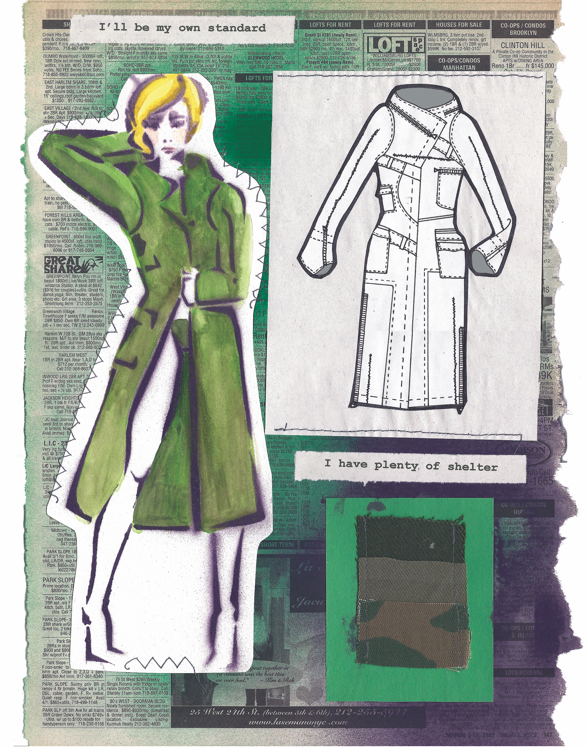 I'll Be My Own Standard — Mixed media fashion illustration with painted green coat figure, detailed technical flat drawing, and newsprint collage background