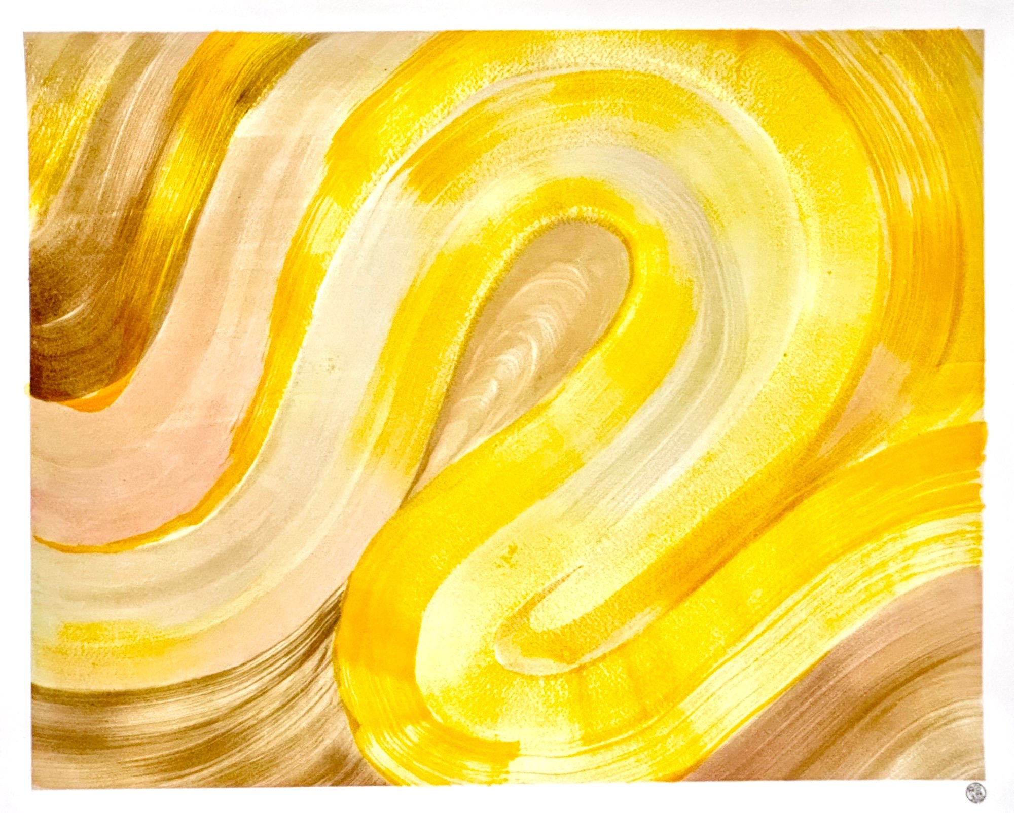 Original abstract artisanal ink painting of a large sweeping loop in turmeric and acorn ink. Bold horizontal composition with warm tones.