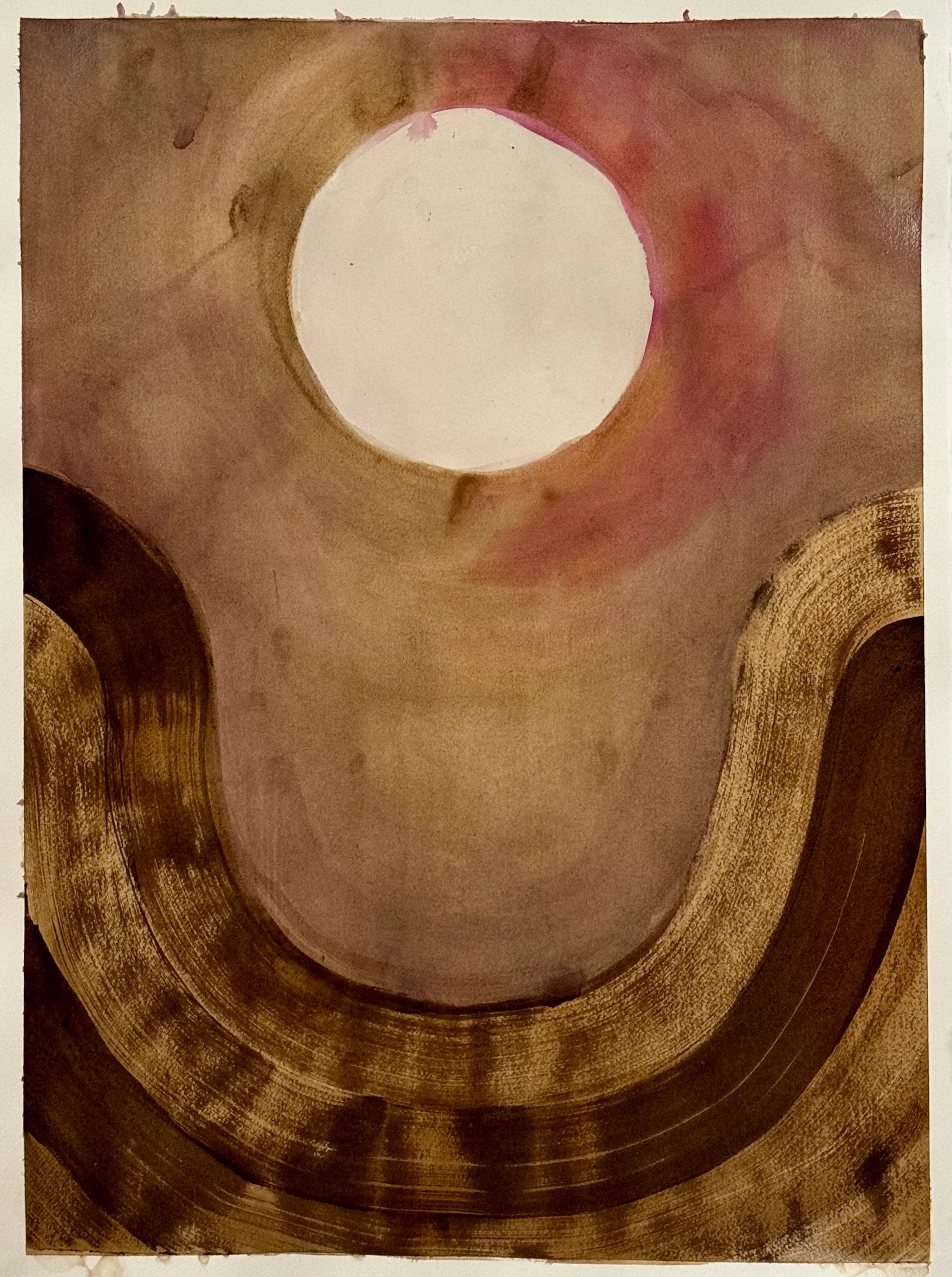 Original artisanal ink painting of a full moon cradled by sweeping waves, in pokeberry and black walnut ink.