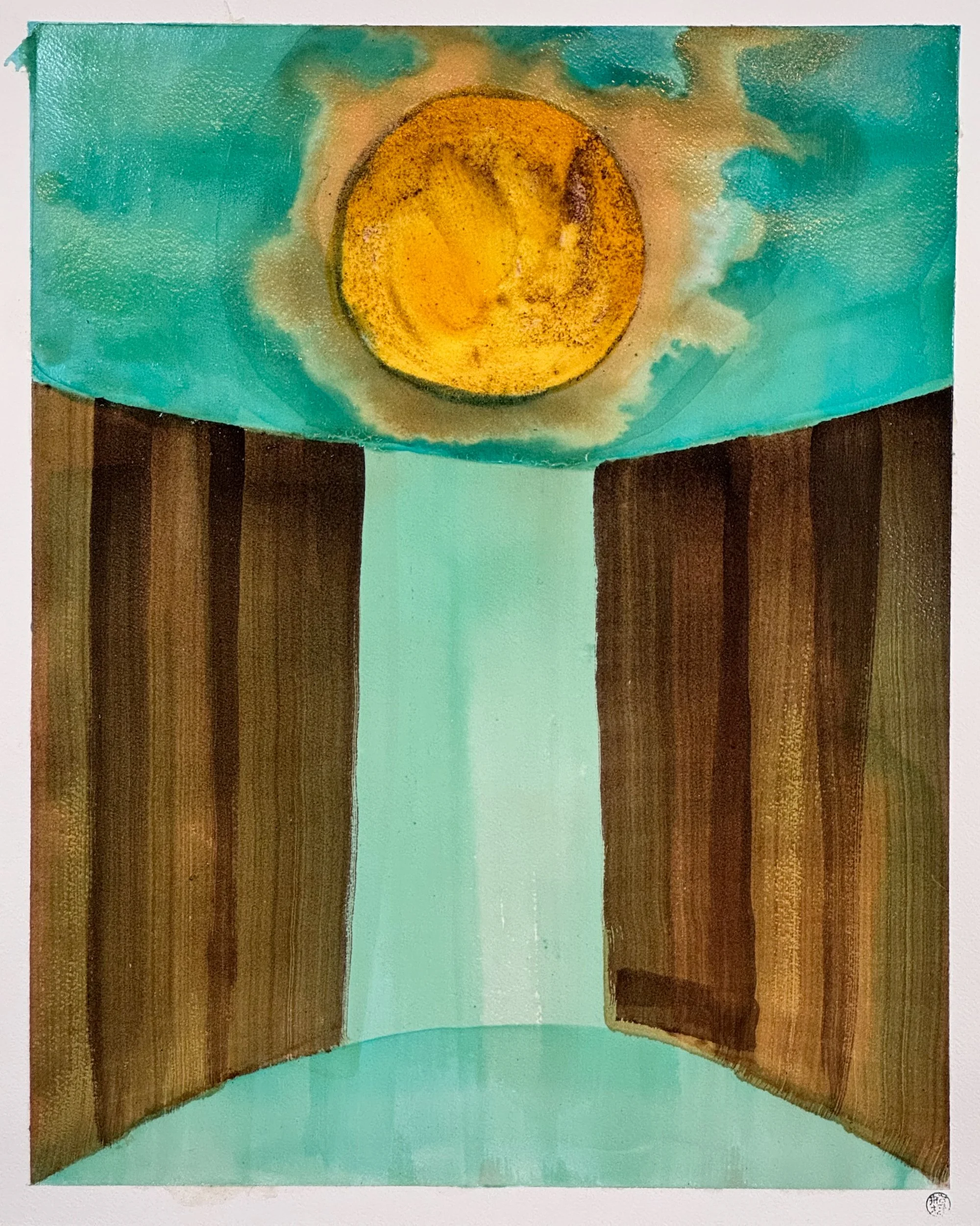 Original artisanal ink painting of a turmeric sun over dark cliffs with a teal cascading waterfall. Multi-ink.