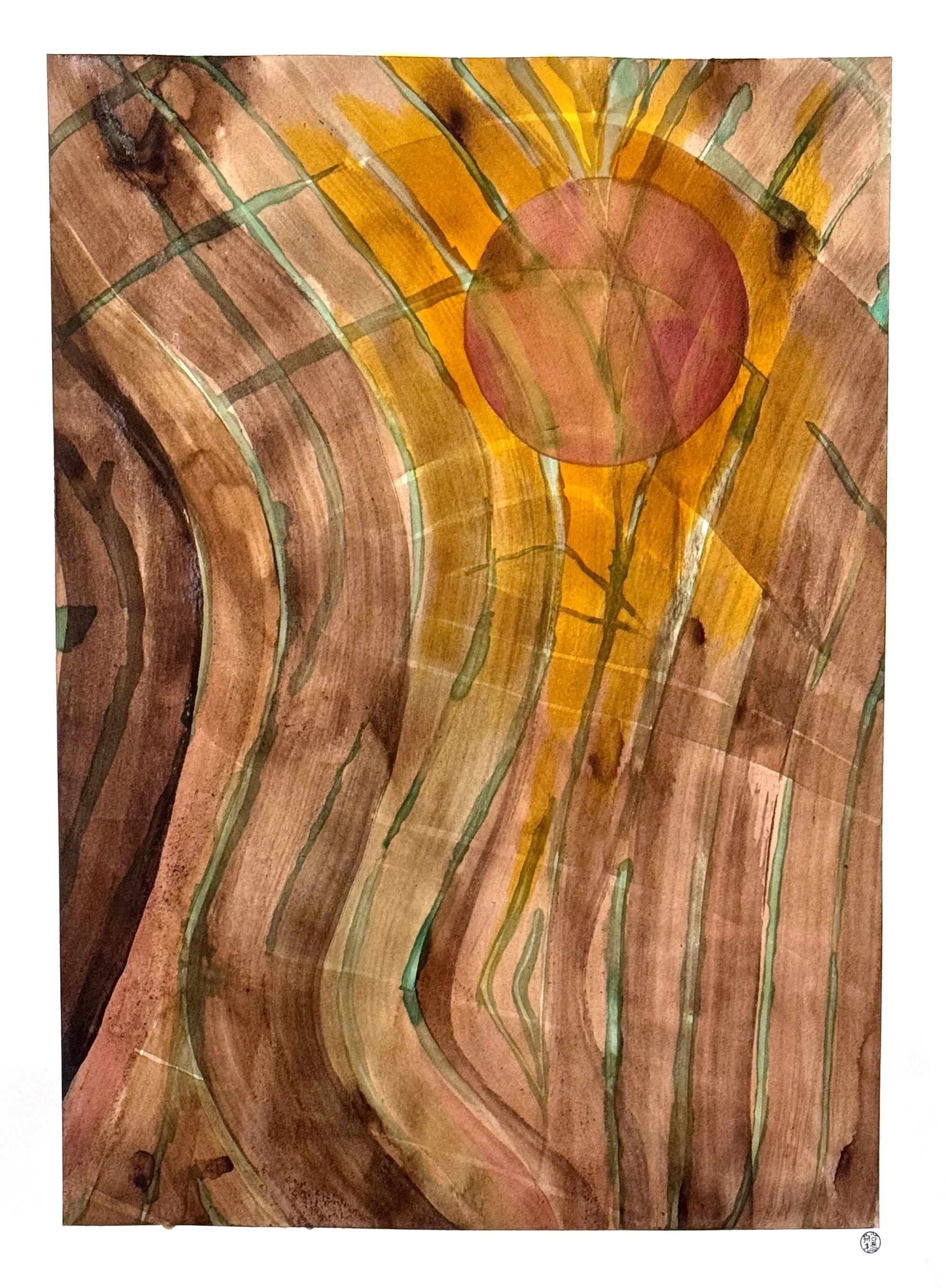 Original abstract artisanal ink painting of a radiant copper oxide and turmeric sun with a pokeberry orb and teal grid marks.