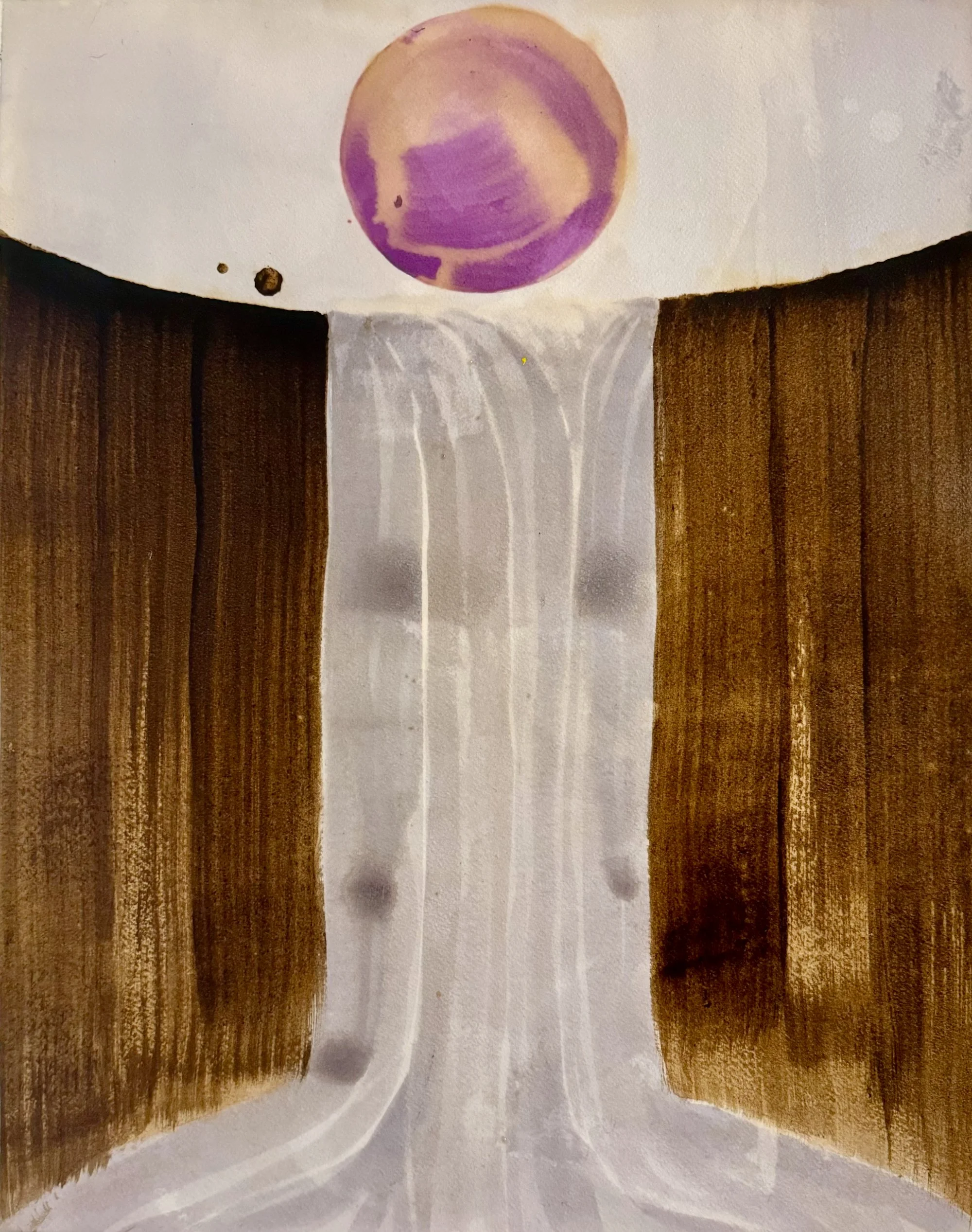 Original artisanal ink painting of sun above cliffs and a cascading waterfall, in black walnut and pokeberry ink.