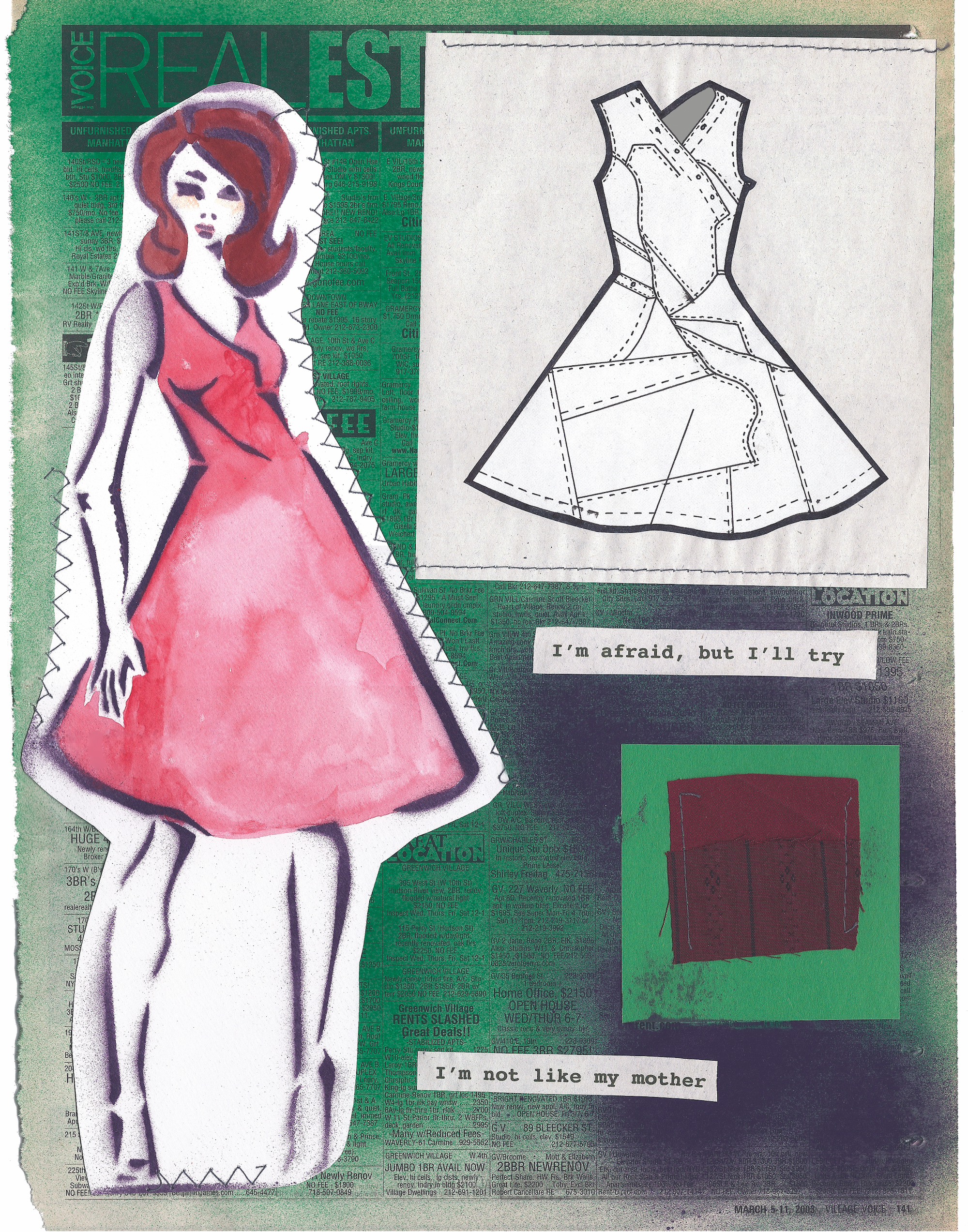 I'm Afraid But I'll Try — Hand-painted fashion figure in red dress with technical wrap dress flat sketch on layered newsprint collage