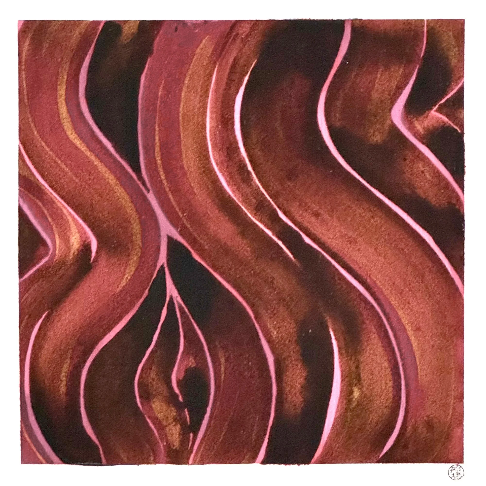 Original abstract artisanal ink painting of dark wave rhythms in black walnut and pokeberry ink with pink accent lines. Square format.