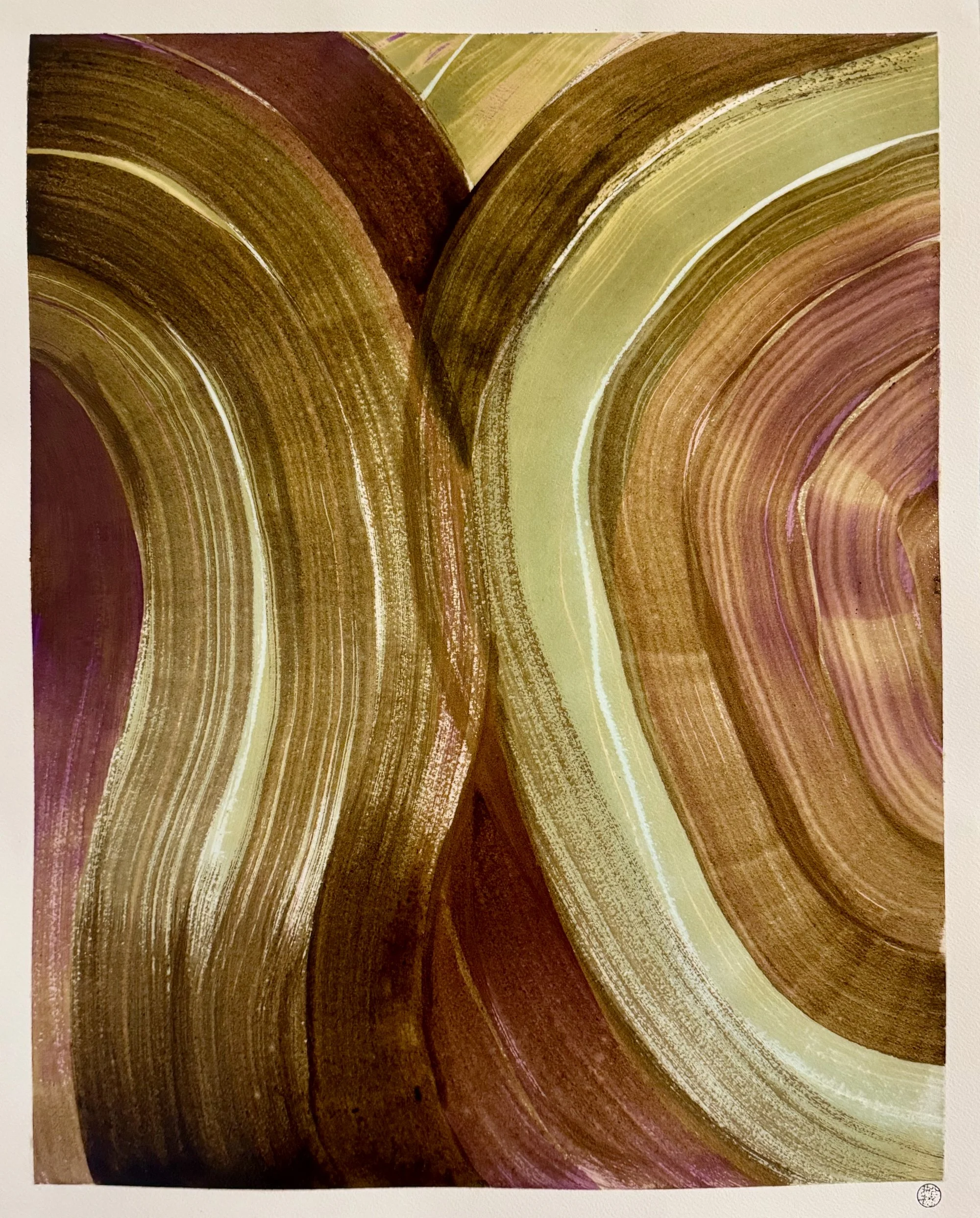 Original abstract artisanal ink painting of two interlocking circular rhythms in acorn and pokeberry ink. Rich texture, close-up composition.