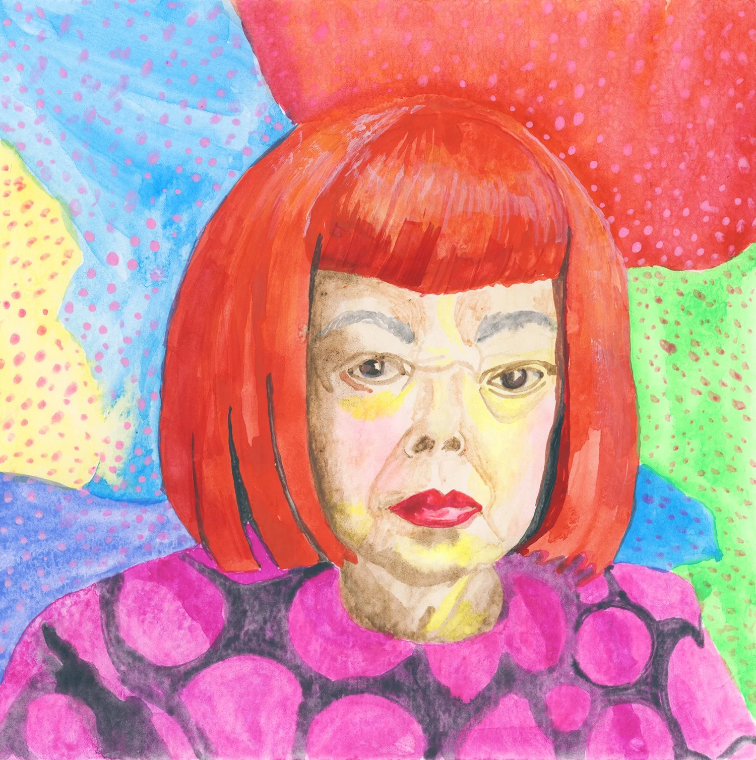 Watercolor portrait illustration of Yayoi Kusama
