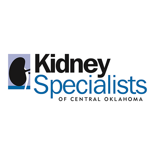 Logo for Kidney Specialists of Central Oklahoma, featuring a kidney illustration and text in black and blue.