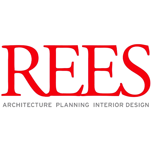 A logo with the word REES in large red letters, and the words Architecture Planning Interior Design in smaller gray letters below.