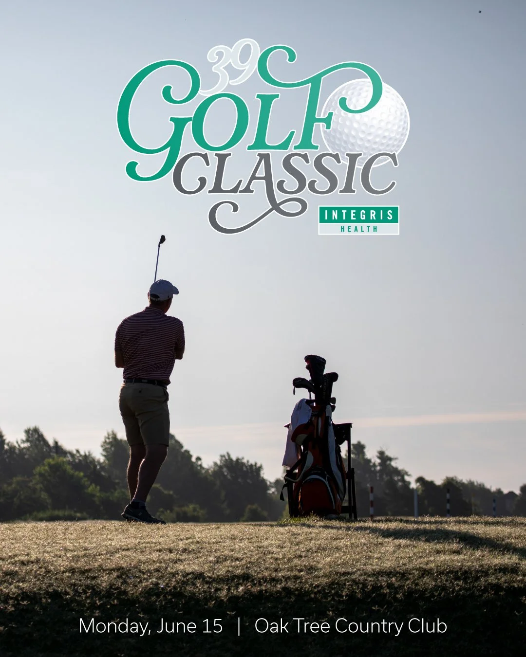 A person playing golf on a course during sunset with a golf bag and trees in the background, promoting a golf classic event sponsored by IntegriHealth on June 15 at Oak Tree Country Club.