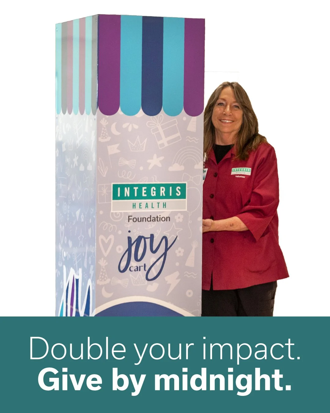 A woman wearing a red volunteer shirt standing next to a large donation box labeled 'Joy Cart' from Integris Health. The lower part of the image contains text that reads 'Double your impact. Give by midnight.'