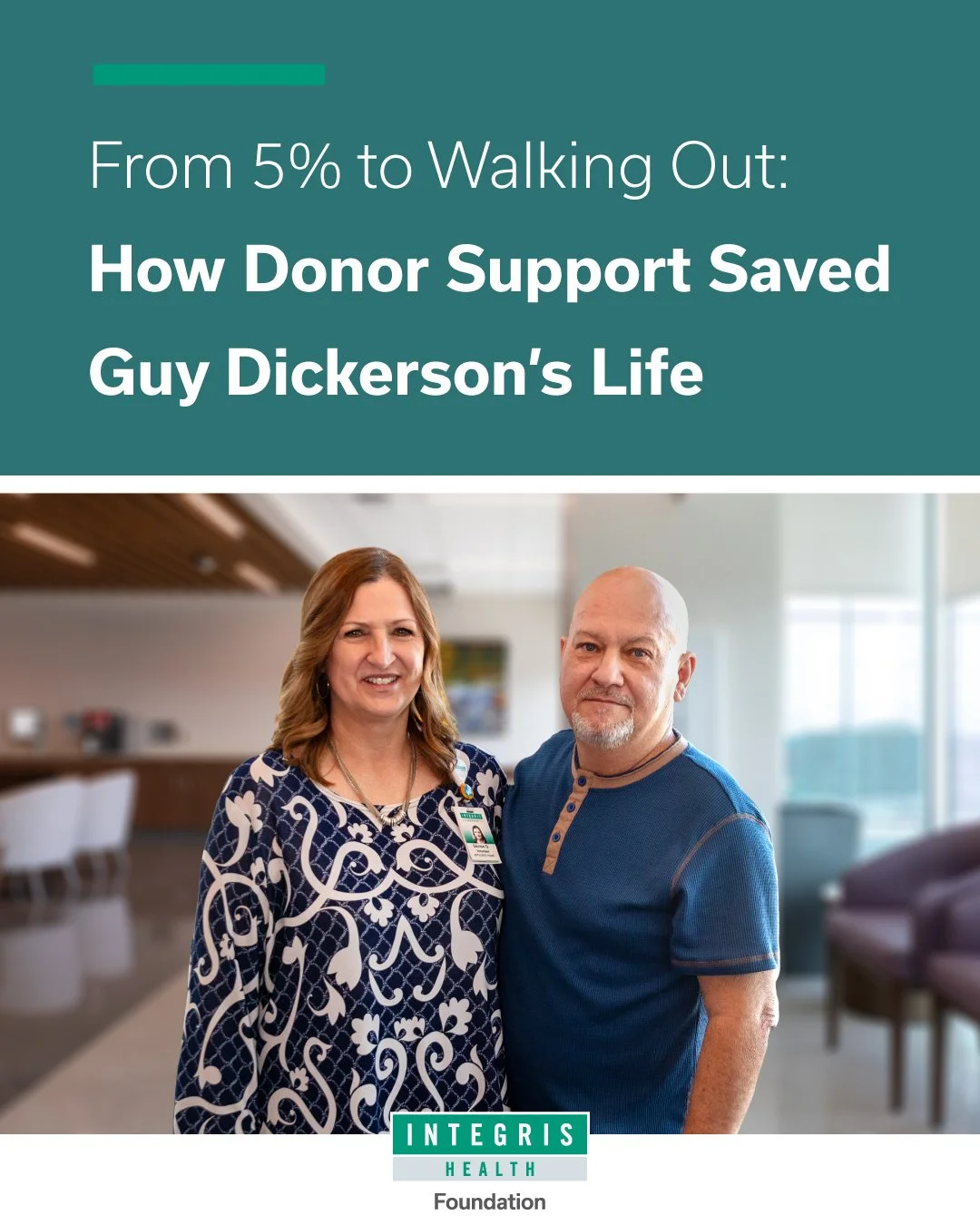 A man with a beard and a woman with brown hair smiling, standing together in a healthcare setting. The woman is wearing a patterned blouse and has a healthcare badge, while the man is wearing a blue shirt.