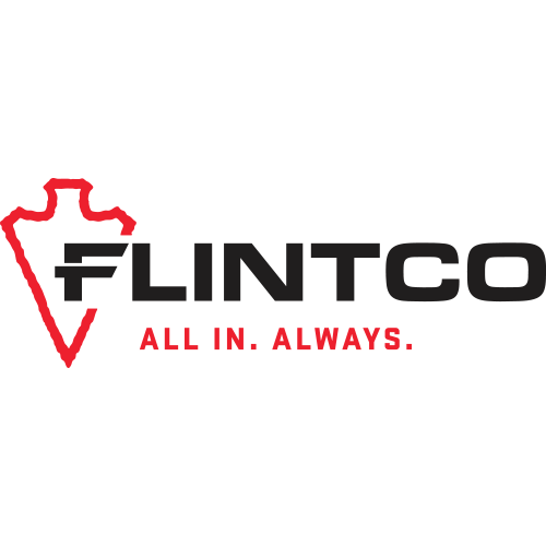 Flintco construction company logo featuring a red outline of the state of Texas with a gear shape, the word "FLINTCO" in bold black letters, and the slogan "All In. Always." in red.