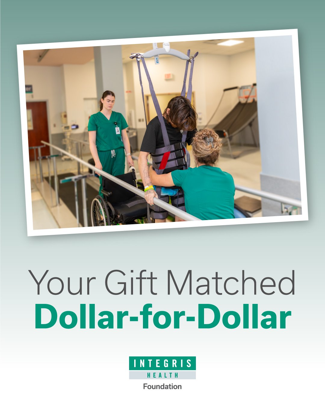 A person in a wheelchair being assisted into a harness by a caregiver in a healthcare setting, with a nurse observing nearby.