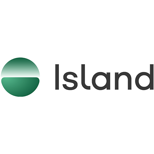 Logo with a green and white globe icon and the word 'island' in lowercase letters.