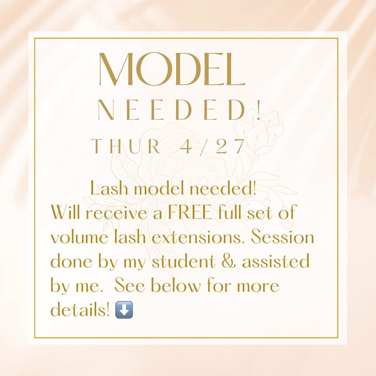 Lash extension model needed on Thursday 4/27! 
The model will receive a FREE full set of volume style lash extensions which will be done by my student and assisted by me. 
&bull;Must not have any current lash extensions on.
&bull;Must be willing to l