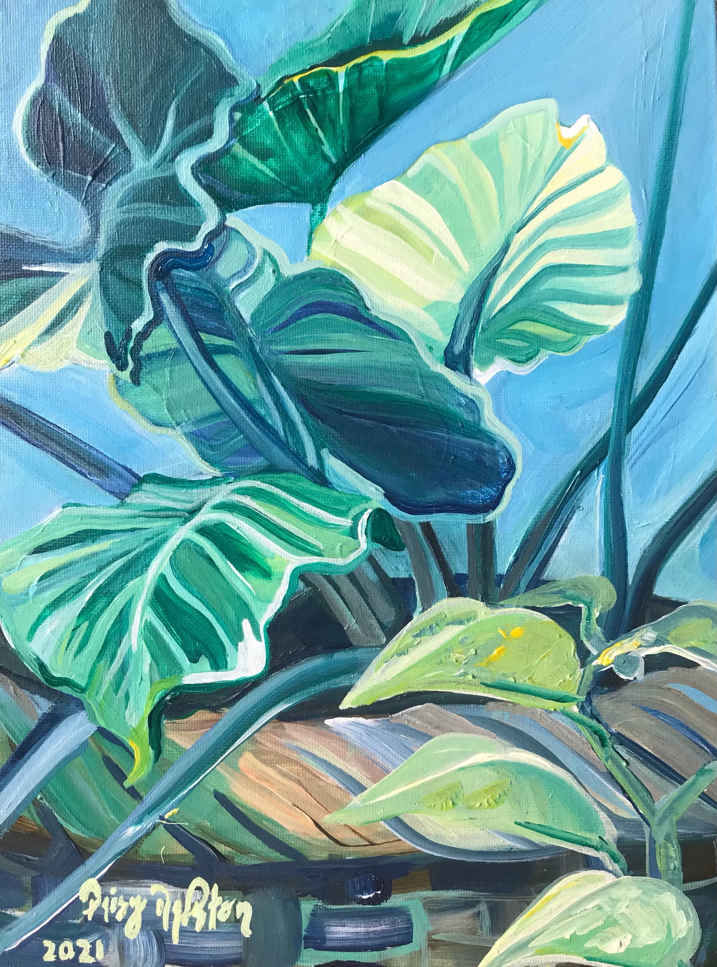 Elephant Ears2021 botanical acrylic painting of houseplant elephant ears alocasia by artist Daisy Ralston