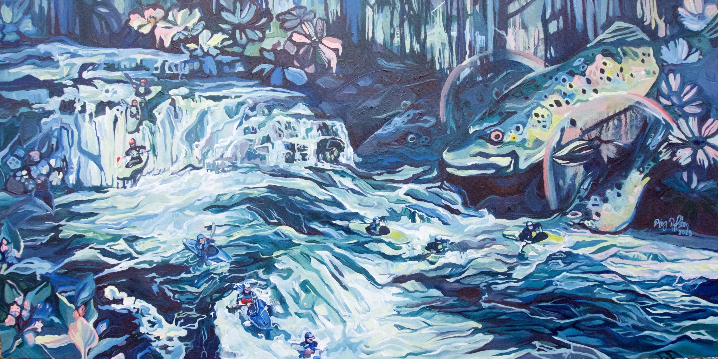 Nantahala Cascades Painting Whitewater Kayakers and Brown Trout by Artist Daisy Ralston Original Painting
