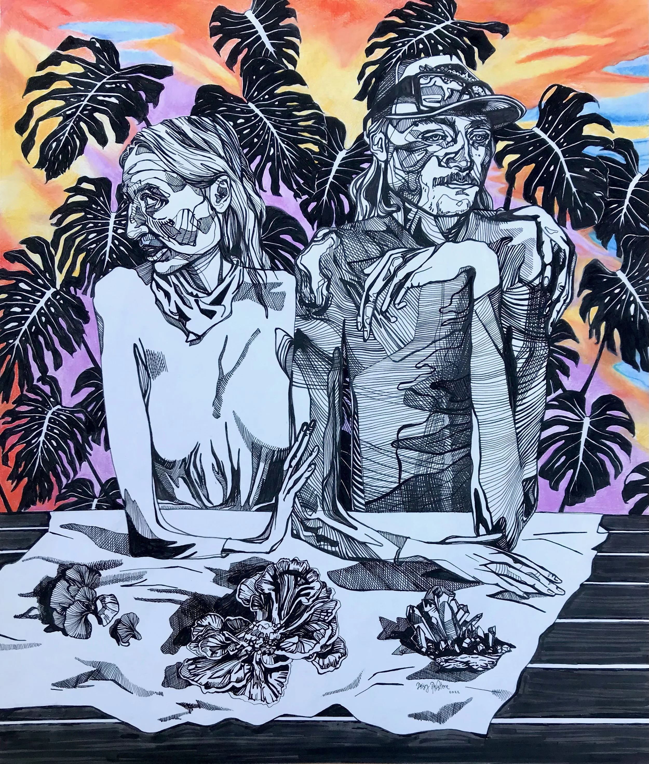 Ink and colored pencil drawing self portrait by artist Daisy Ralston