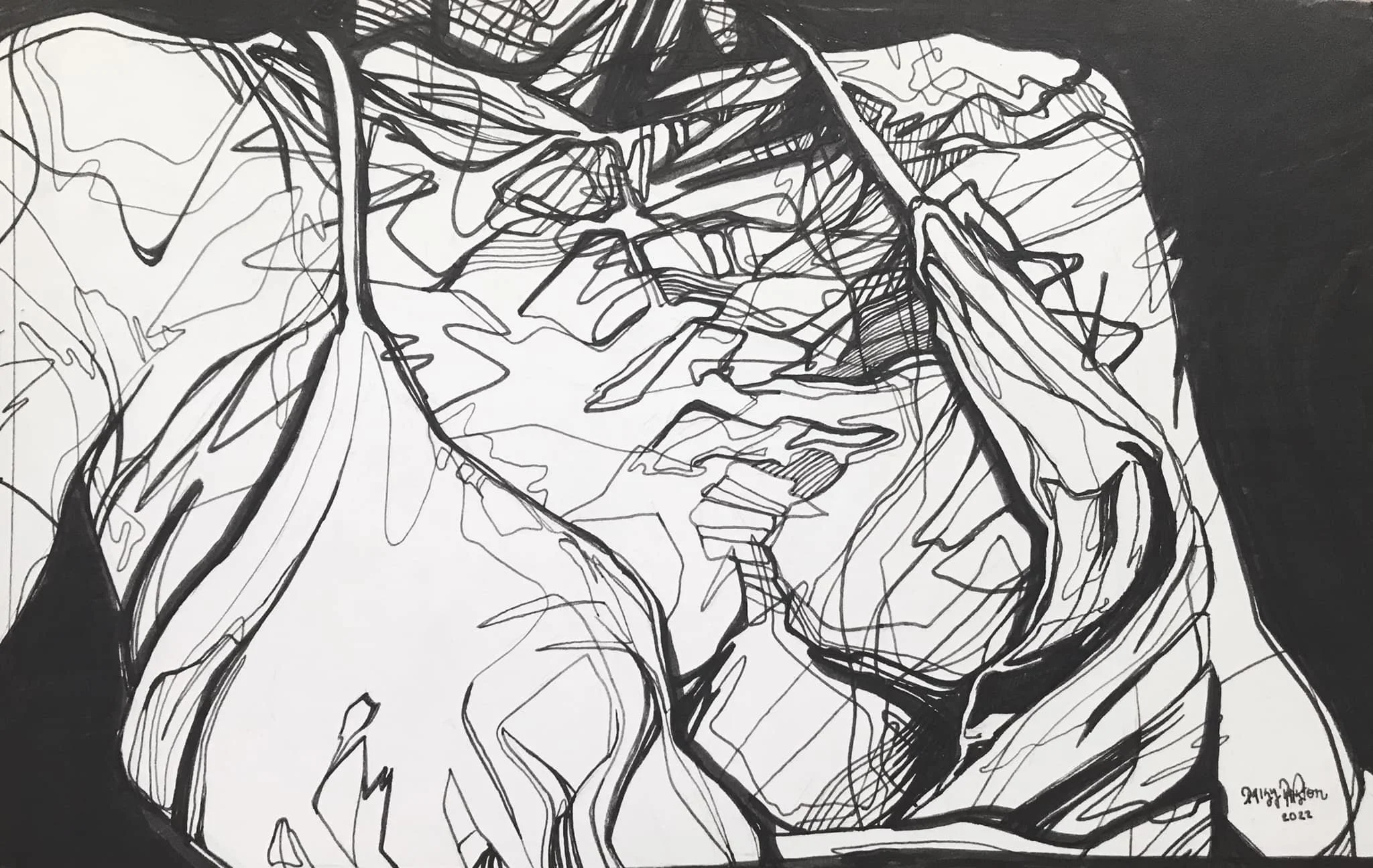 yellow dress single line ink drawing by artist Daisy Ralston