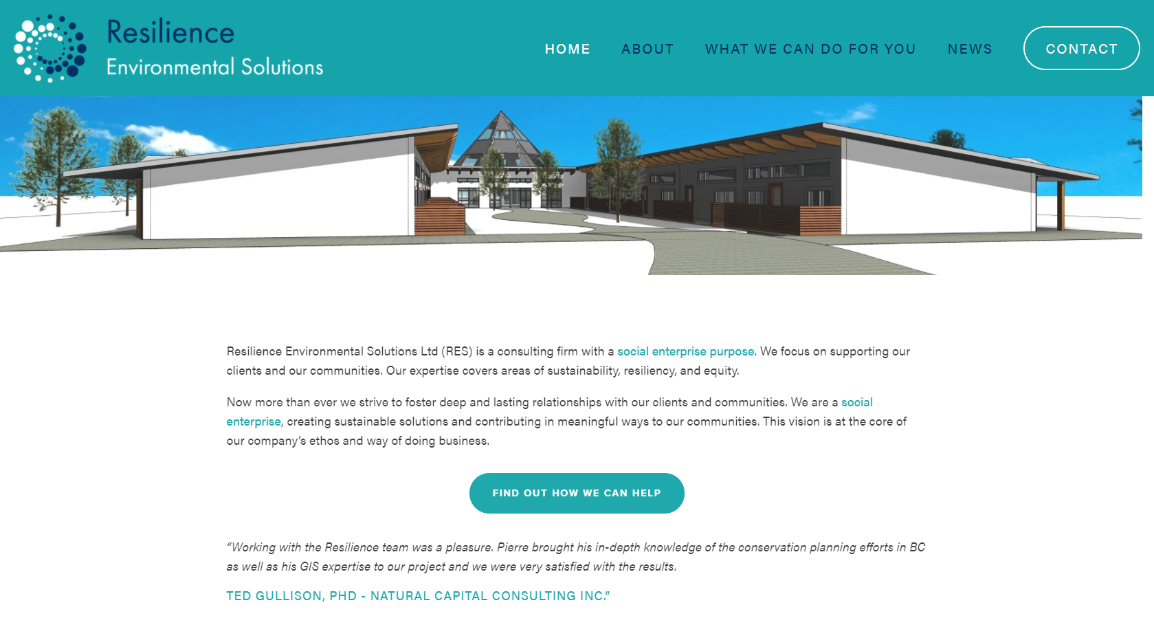 Resilience Environmental SolutionsA Squarespace site using architectural drawings as the foundation for a site using a simple colour palette drawn from the clients Logo