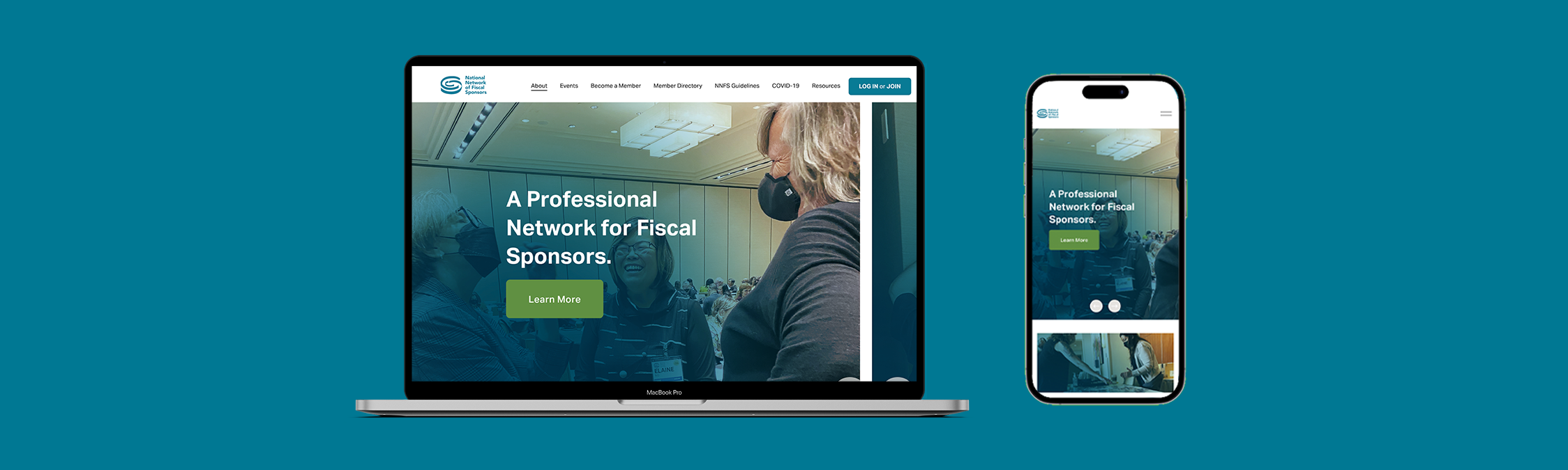 A laptop and iPhone showcasing the homepage of the National Network for Fiscal Sponsors website.