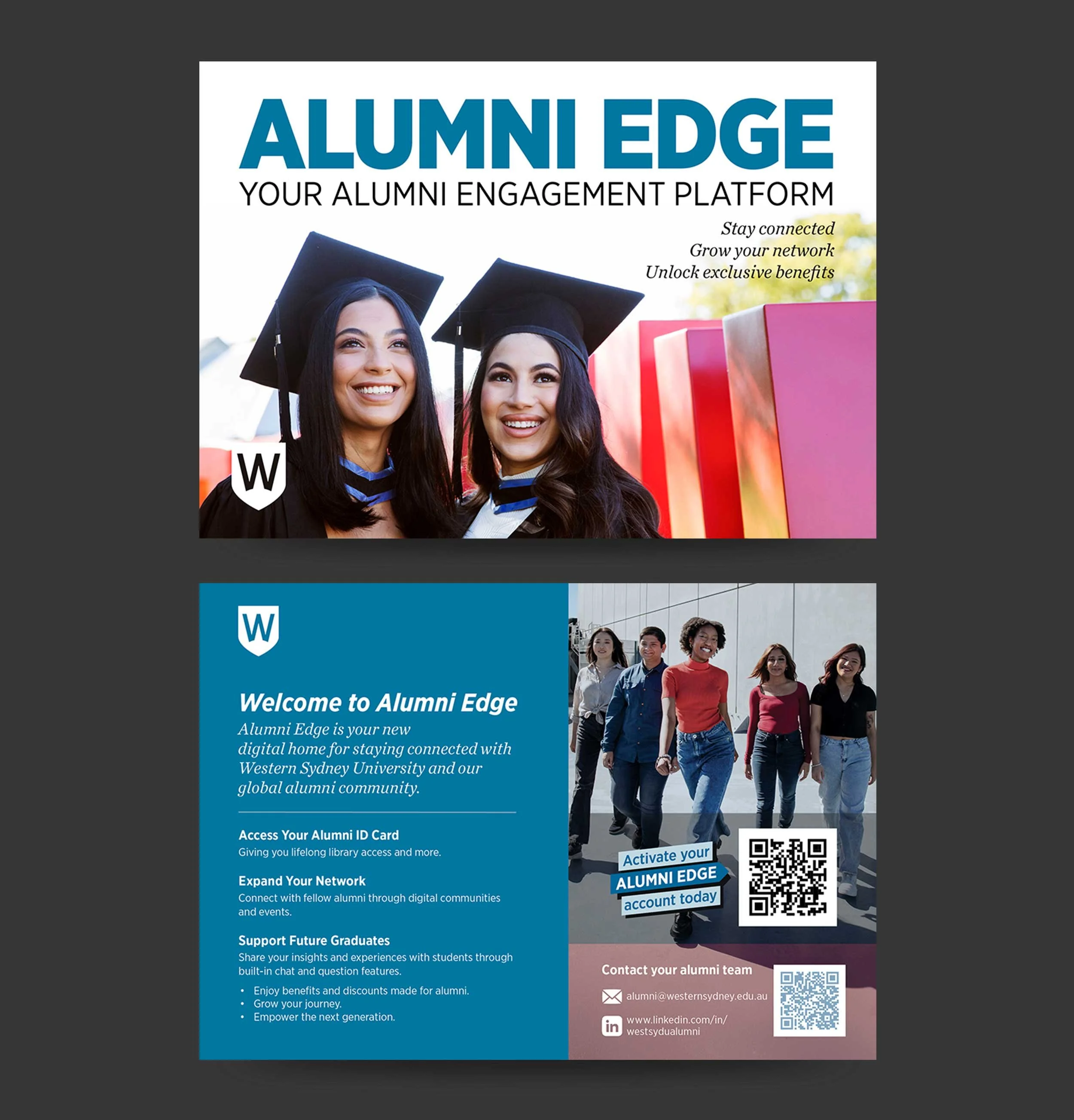Print example. Brocher advertising Alumni Edge. 2 Female graduates wearing regalia. Heading says Alumni Edge Your Alumni Engagement Platform. Below is the the second page listing the main selling points of Alumni Edge