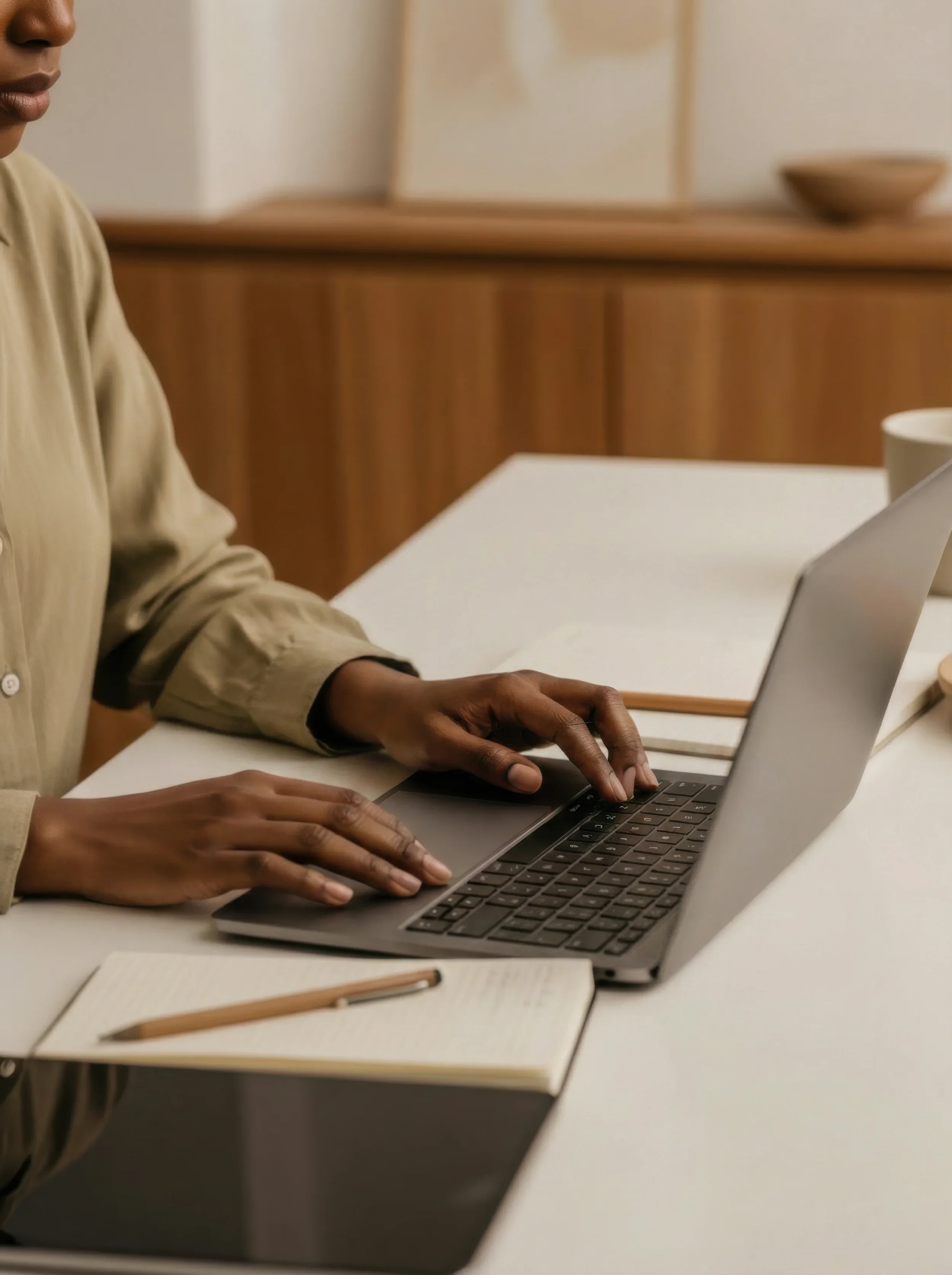 A person using a laptop at a desk with a camera, notebook, pen, and a mug.