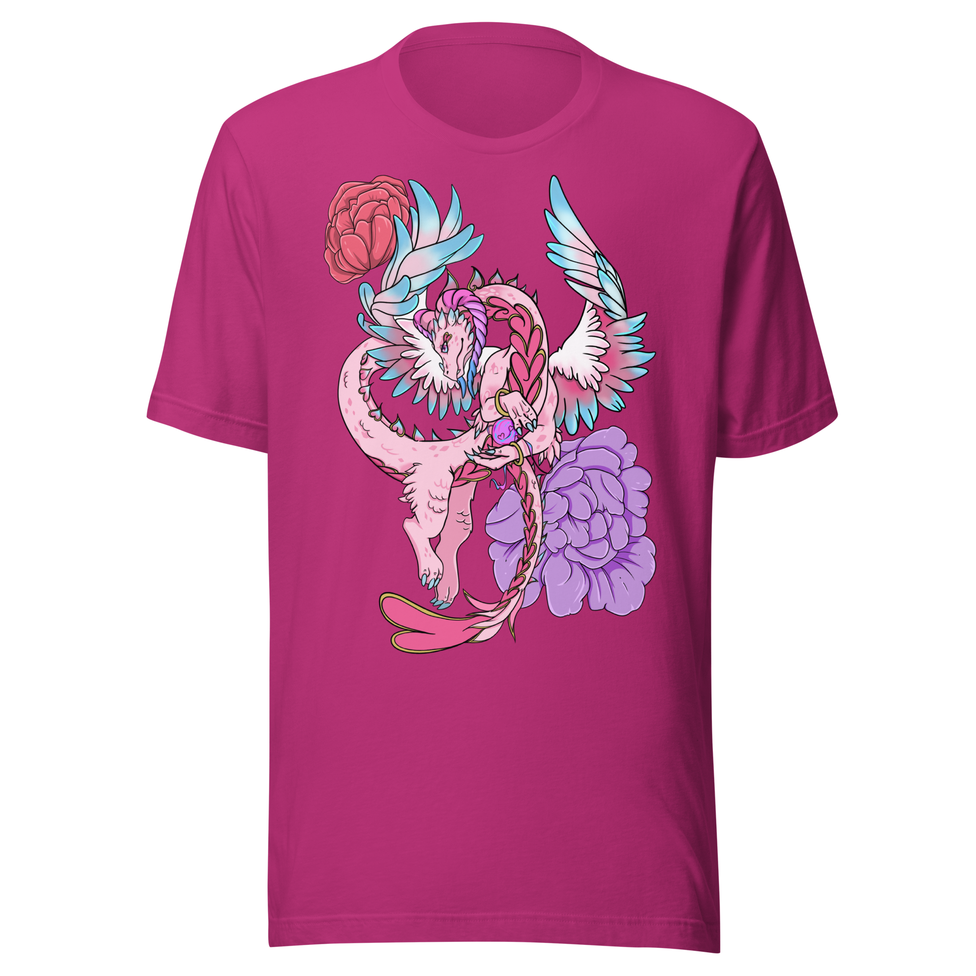 Pink T-shirt with a colorful illustration of a mythical creature combining features of a dragon, pegasus, and floral elements, including purple flowers and wings.