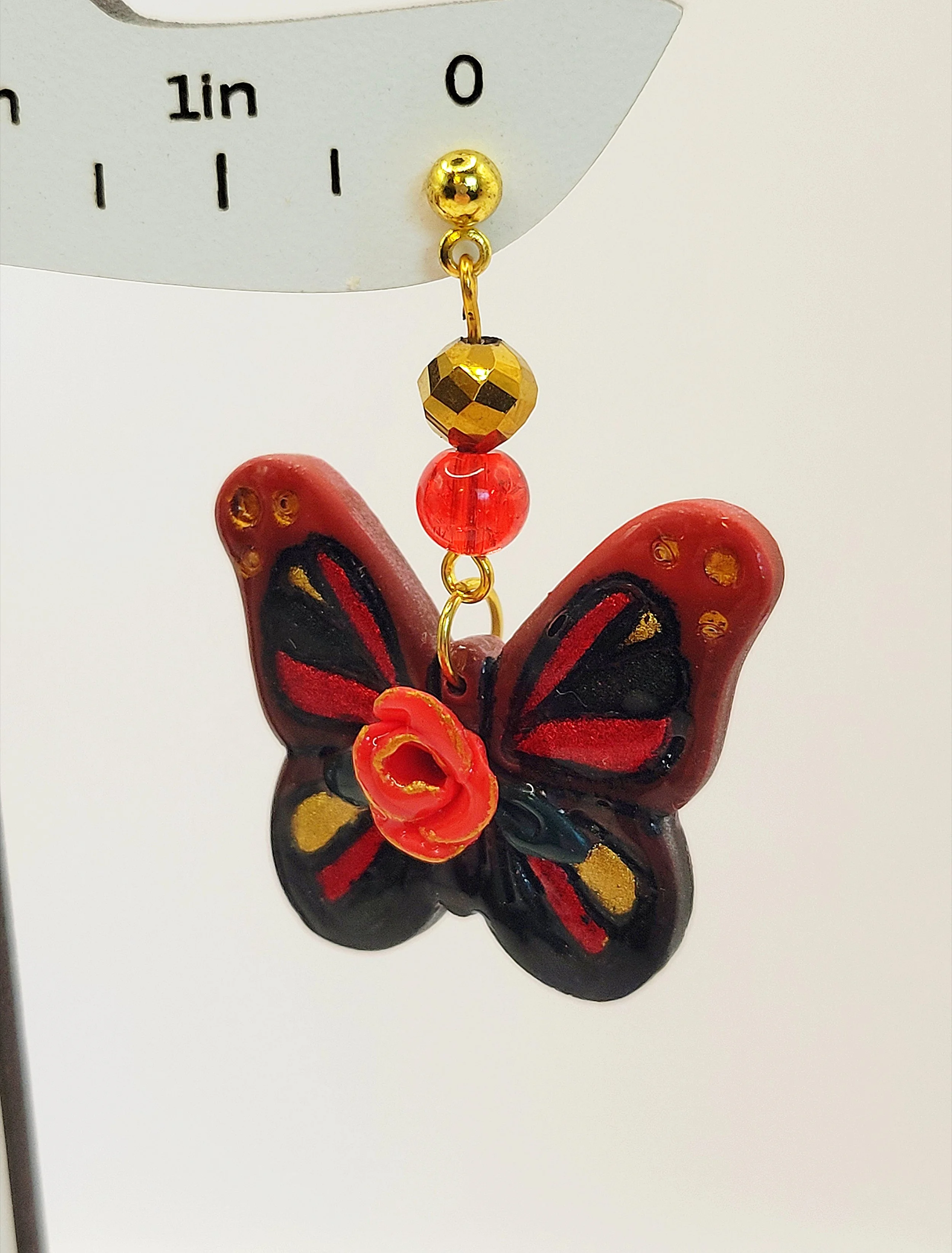 Red Rose Butterfly Handpainted Polymer Clay Earrings Close Up