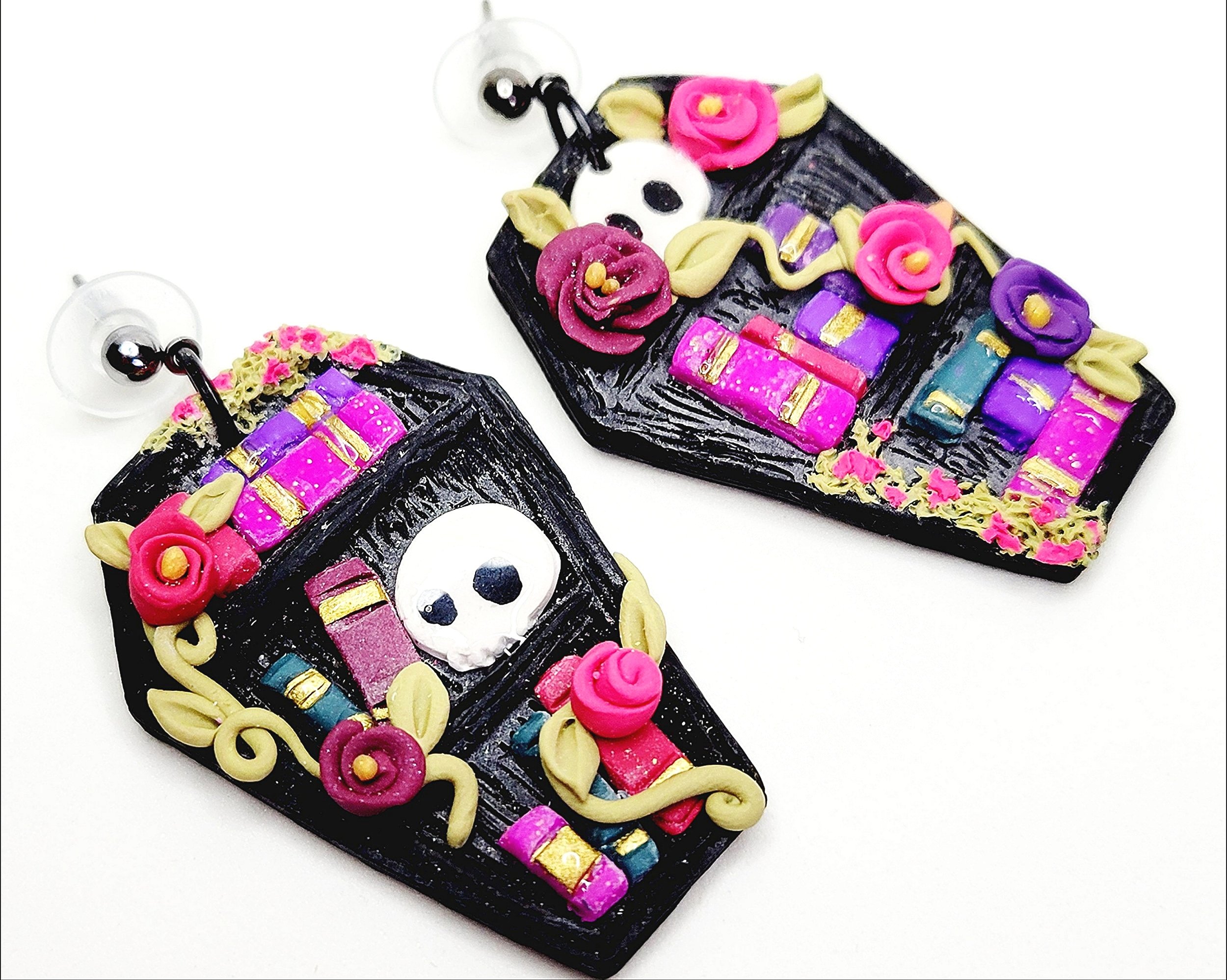 Coffin Bookshelf Handmade Polymer Clay Earrings Details