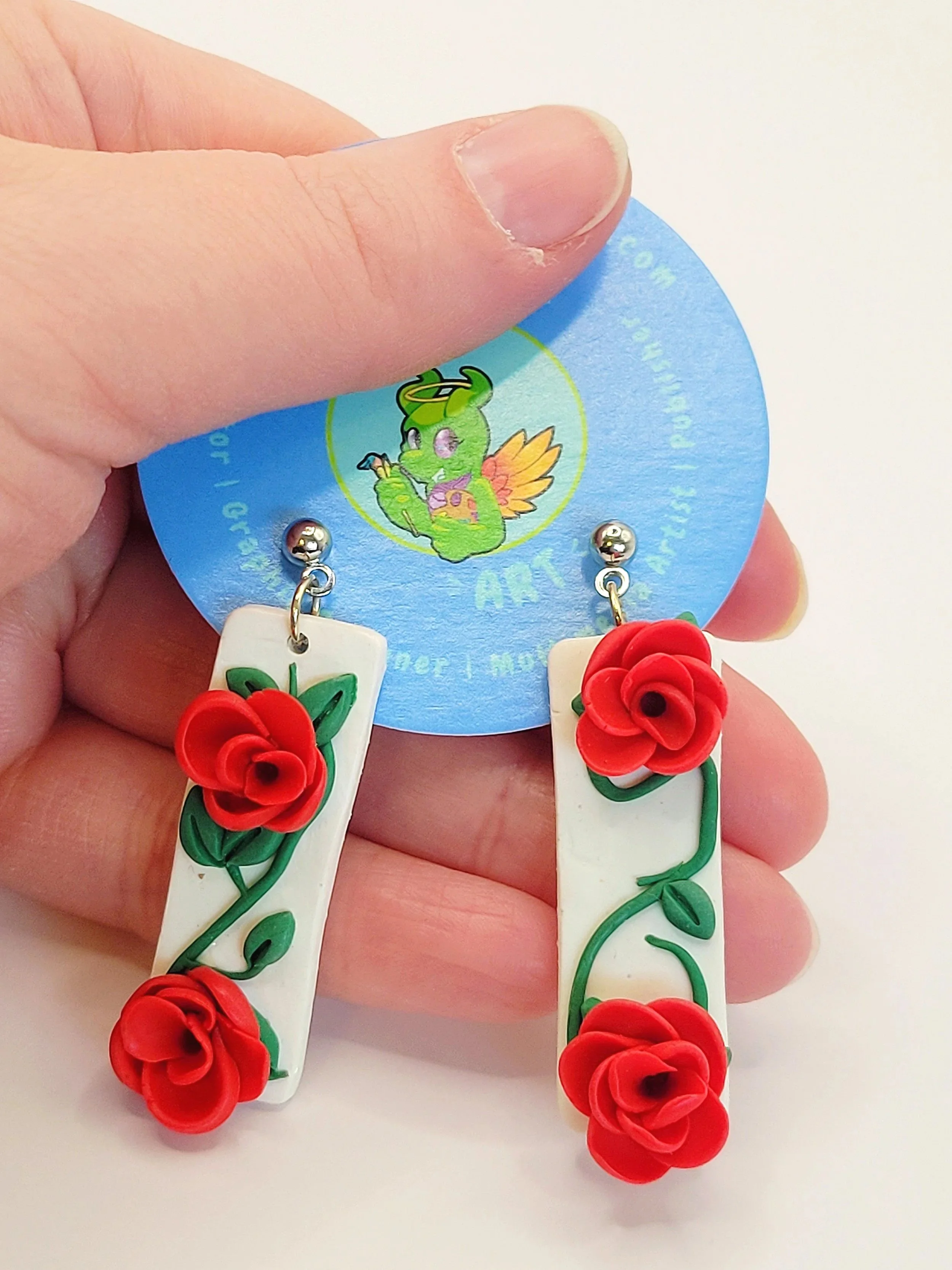 Red Rose Dangle Polymer Clay Handmade Earrings