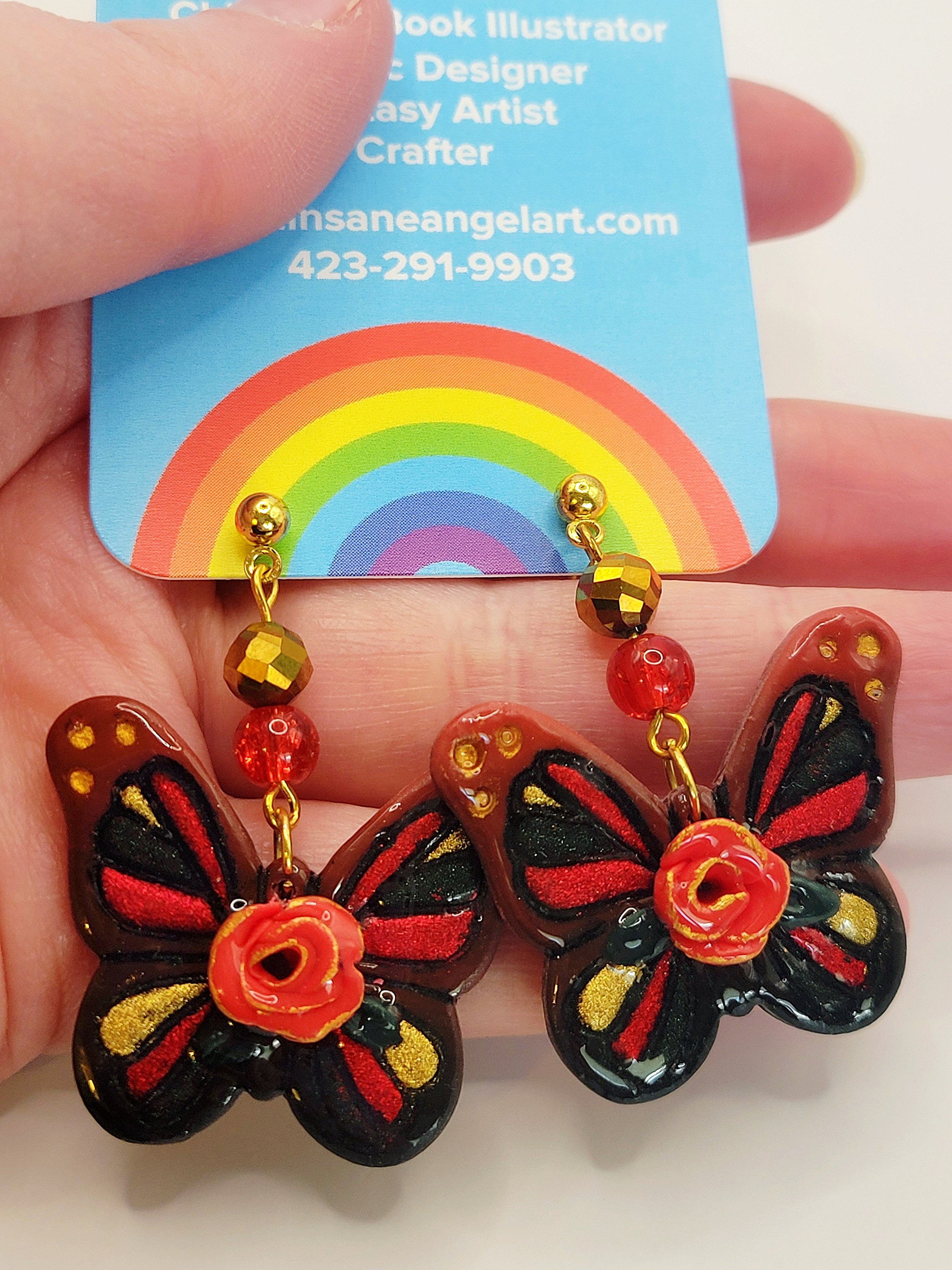 Red Rose Butterfly Handpainted Polymer Clay Earrings
